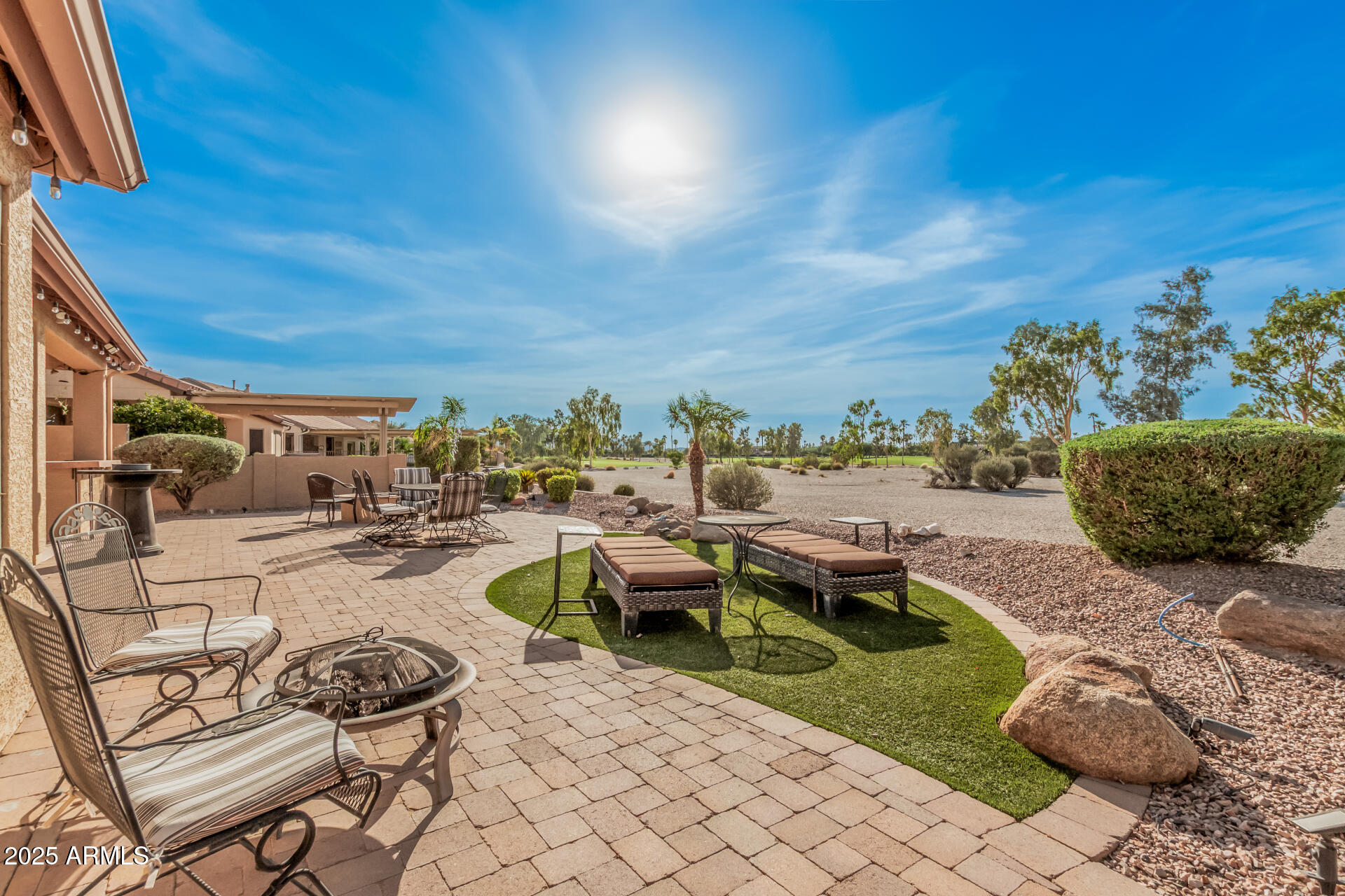 Golf Course homesite  FULLY FURNISHED with a double fairway view of #7 hole. Mountain views. Customs galore; guest casita has an entry from INSIDE and outside the house.  Bedroom #2 connects to casita with a full kitchen.  Bath #2 has a walk in shower with seat.  Media/surround sound built-in, with multiple lights in Great Room.  Stunning gourmet kitchen with custom backsplash that matches the bar surround. Built in custom wine rack, under & upper cabinet lighting, double pull out shelves, bay window in the dinning area & master bedroom,  French door from master to patio.  Increased ceiling insulation, INTEGRA BLOCK construction, 4' garage ext. Brick pavers in front and back, built in BBQ, fire pit, lots of patio seating.  Golf cart for sale on a separate bill of sale.