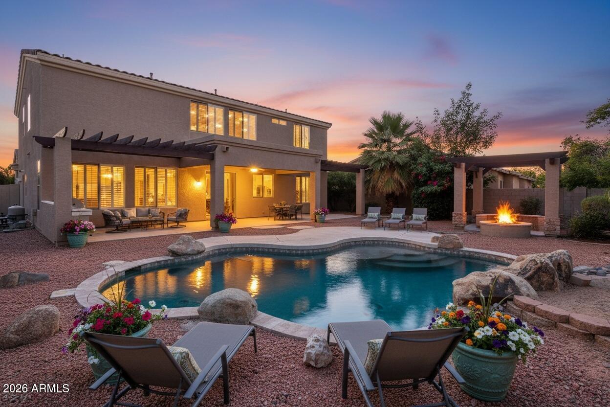 UNICORN ALERT! Come check out this spectacular home! Located on a quiet street across the street from the open park space with single level homes behind. Great 2 story home with vaulted ceilings to make it feel open and bright! Downstairs bedroom with a full bath! Formal living/dining, open kitchen next to the family room all overlooking the large backyard complete with a pool and pergola area and gas fire pit. Perfect expanded patio with BBQ too! Upstairs you will love the split bedrooms with a large open loft perfect for a game room! This home has been freshly painted inside & out, new carpet & tile and well maintained. 3 car garage too! The neighborhood is great with good neighbors, fantastic schools, shopping and restaurants and easy freeway access. Easy, a 10+ home you will love!