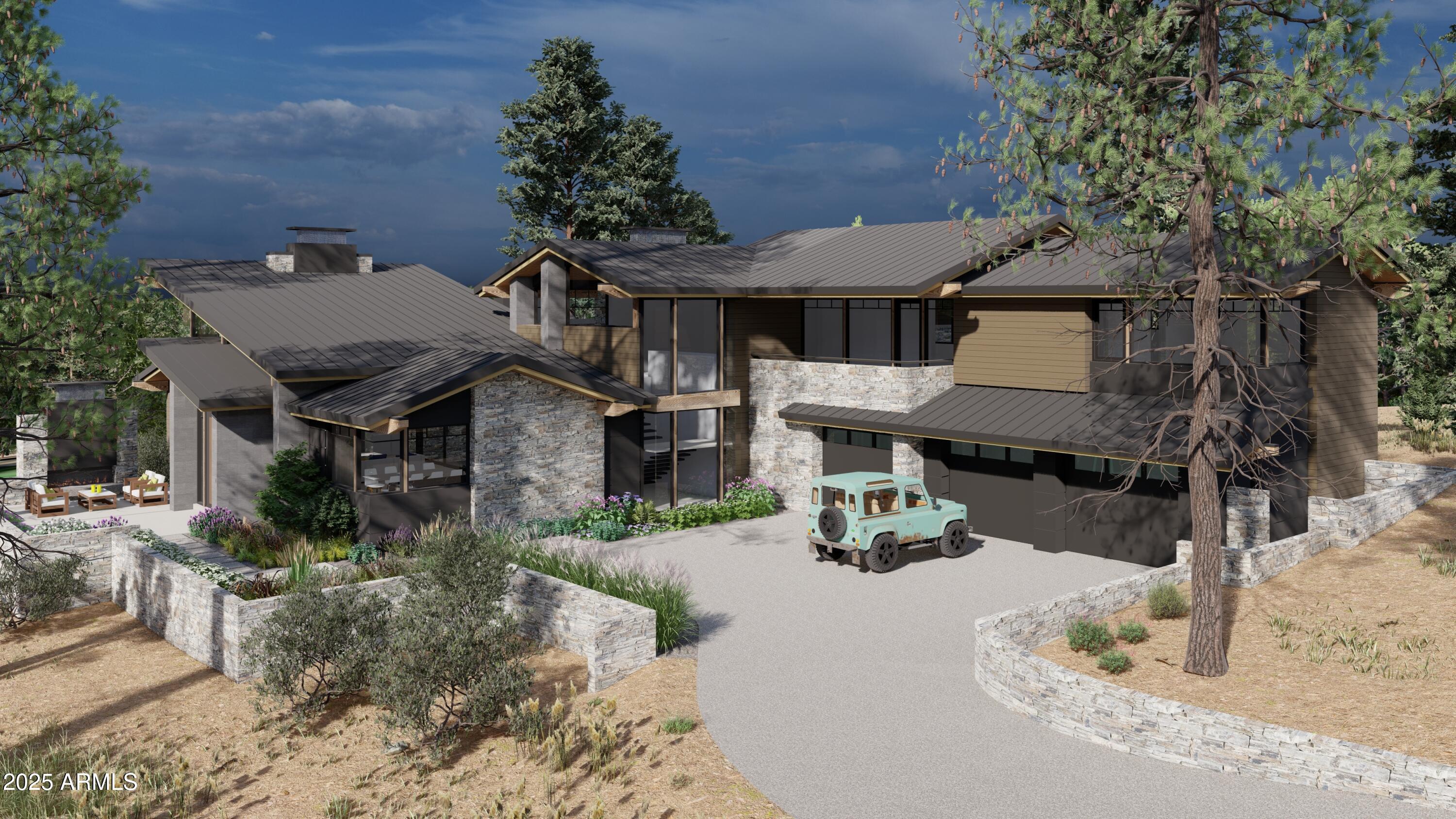 Scheduled to be completed early Summer of 2026. This striking spec home, designed by Tate Studio Architects, is currently under construction and perfectly positioned to capture views of Pine Canyon's 5th green. Offering a total of 5,082 square feet, the residence blends modern contemporary lines with warm mountain finishes and an effortless indoor-outdoor flow. The main level, 3,227 square feet, showcases a spacious primary suite, a chef's kitchen and dining area, a soaring great room, and an additional en-suite bedroom, all opening to an expansive patio for year-round entertaining. Upstairs, the 1,855-square-foot second level provides two more en-suite bedrooms, a versatile flex room, and a generous family room with its own kitchenette and balcony--perfect for guests or multi-generational living. A three-car garage completes this modern mountain retreat, designed to embrace its golf-course setting and deliver both luxury and livability.