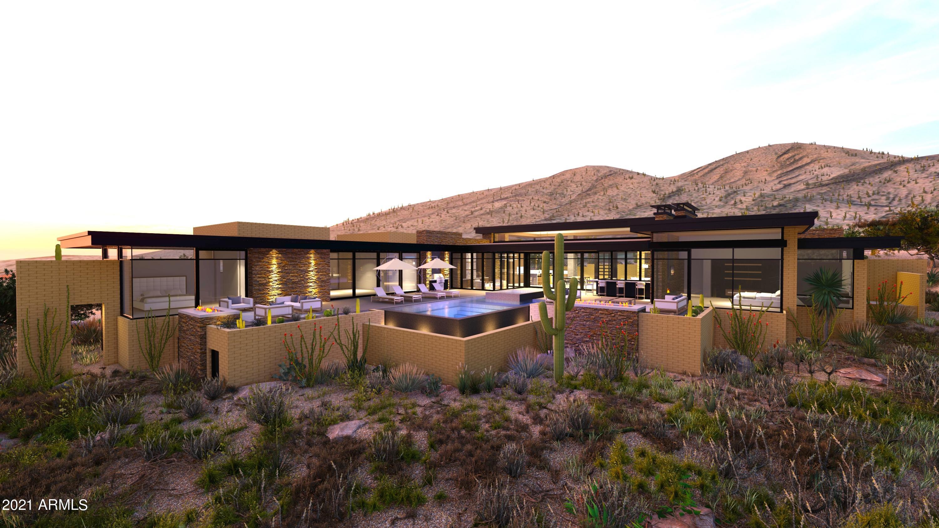 Brand New Contemporary with Golf MEMBERSHIP available to the Desert Mountain Club. OCT 2022 completion! ONE-LEVEL - Open-concept, telescoping glass walls, Valley, sunset and city light views. Exciting Tate Studios and Wilkerson Design collaboration. Saguaro Forest hillside setting features indoor/outdoor living, negative edge pool and spa, expansive sun and shade patios, multiple fire features, sit up counter opening to bar,  and BBQ center. Private Master Suite located on its own wing. Guest wing offers 3 ensuite bedrooms that open to a poolside gallery-style hallway. Office w/ bath, Arizona Room and spacious walk-in pantry.  3 car garage with 4th bay for bikes & desert vehicles. Solar and Control 4 features included. All in fabulous Desert Mountain!