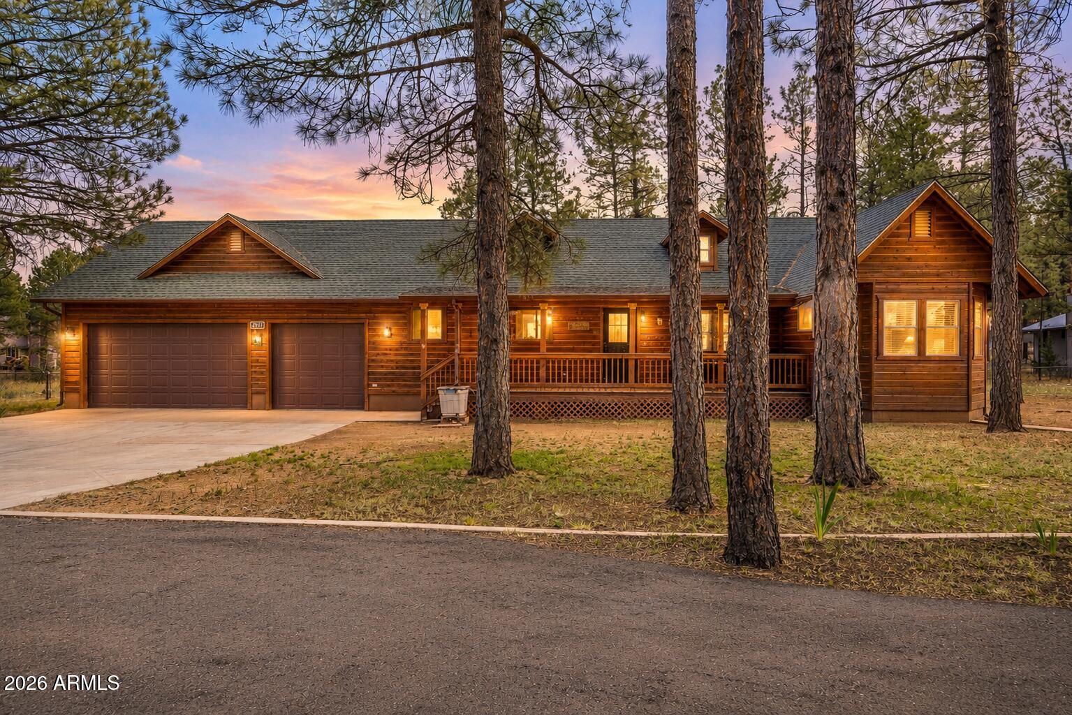 Forest Trails Mountain Retreat Backing the Greenbelt Nestled among towering Ponderosa pines in the highly desirable Forest Trails community, this beautifully maintained single-level cedar-sided cabin offers the perfect blend of mountain charm, privacy, and comfort. Featuring a spacious 4-bedroom, 2.5-bath split floor plan, this home backs directly to the greenbelt, creating a peaceful setting for wildlife watching and enjoying the natural beauty of the White Mountains. A circular driveway and impressive three-car garage provide ample parking and storage. Step onto the inviting covered Trex front deck and into the open-concept great room, where the living, dining, and kitchen areas flow seamlessly together. Laminate flooring, skylights that fill the home with natural light, bay windows, Corian countertops, and decorative plant shelves that add character and warmth.

The spacious primary suite is a true retreat, complete with a large walk-in closet featuring custom built-ins, dual vanities, a separate shower, and a relaxing jetted garden tub. Generously sized guest bedrooms provide plenty of room for family and visitors.

Out back, enjoy the covered deck overlooking the greenbelt, perfect for morning coffee, evening gatherings, or simply taking in the sights of local wildlife. The fenced backyard offers a secure space for pets, while the charming gazebo and storage shed add both functionality and outdoor enjoyment.

Whether you're looking for a full-time residence, vacation getaway, or mountain escape, this Forest Trails gem delivers privacy, space, and the lifestyle you've been dreaming of.