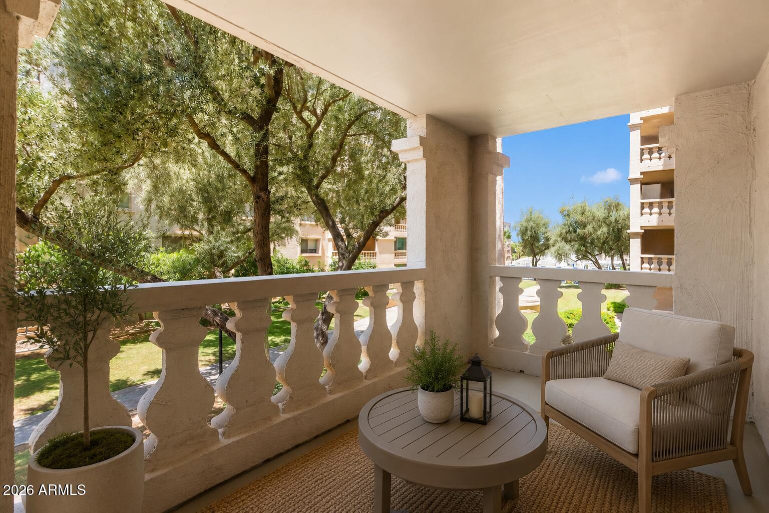 Rare Find.. INSIDE LAUNDRY In One Of The BEST BUILDINGS!  This 2 Bedroom, 2 bath Condo has a spacious Flexible floor plan. The large Covered PATIO  is located facing Beautiful & Peaceful court yard views. This Hidden Gem Communities Unique features are: 24 hour Guard Gated, wood shop, private storage unit & underground parking. Scottsdale Shadows is a community surrounded by $1M+ condos. Enjoy the resort-style amenities including golf course, 3 heated pools, spas, gym, saunas, tennis courts, library, fine art studio, and business center. HOA fees cover AC/heat, water, trash. This Amazing modern condo is within walking distance to Fashion Square Mall, Dining, Art District, & More. Must See..WILL NOT LAST LONG!