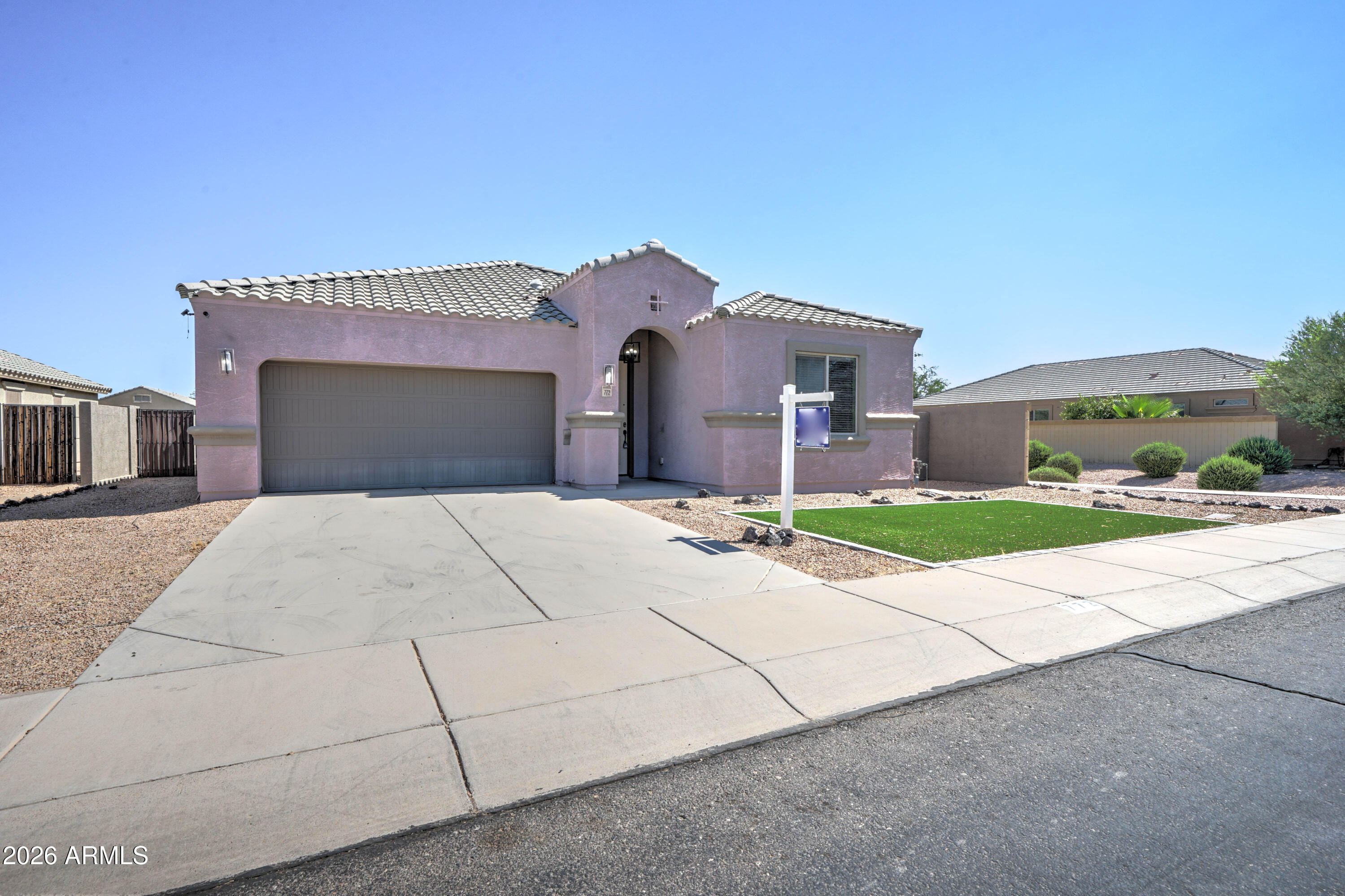 Come out to see this beautiful 3-bed/2.5-bath home in cozy Desert Sky Ranch! Home upgraded throughout with classy dark maple cabinets, granite countertops, and stainless steel appliances. Skylights in main entryway and master closet for tons of natural light! 4-panel sliding doors lead to backyard with double-wide above-ground spa. With view of wash behind home and no neighbor on east side, you'll have all the privacy you could want! RV gate and 3-car tandem garage means more than enough space for everything. Motivated seller!