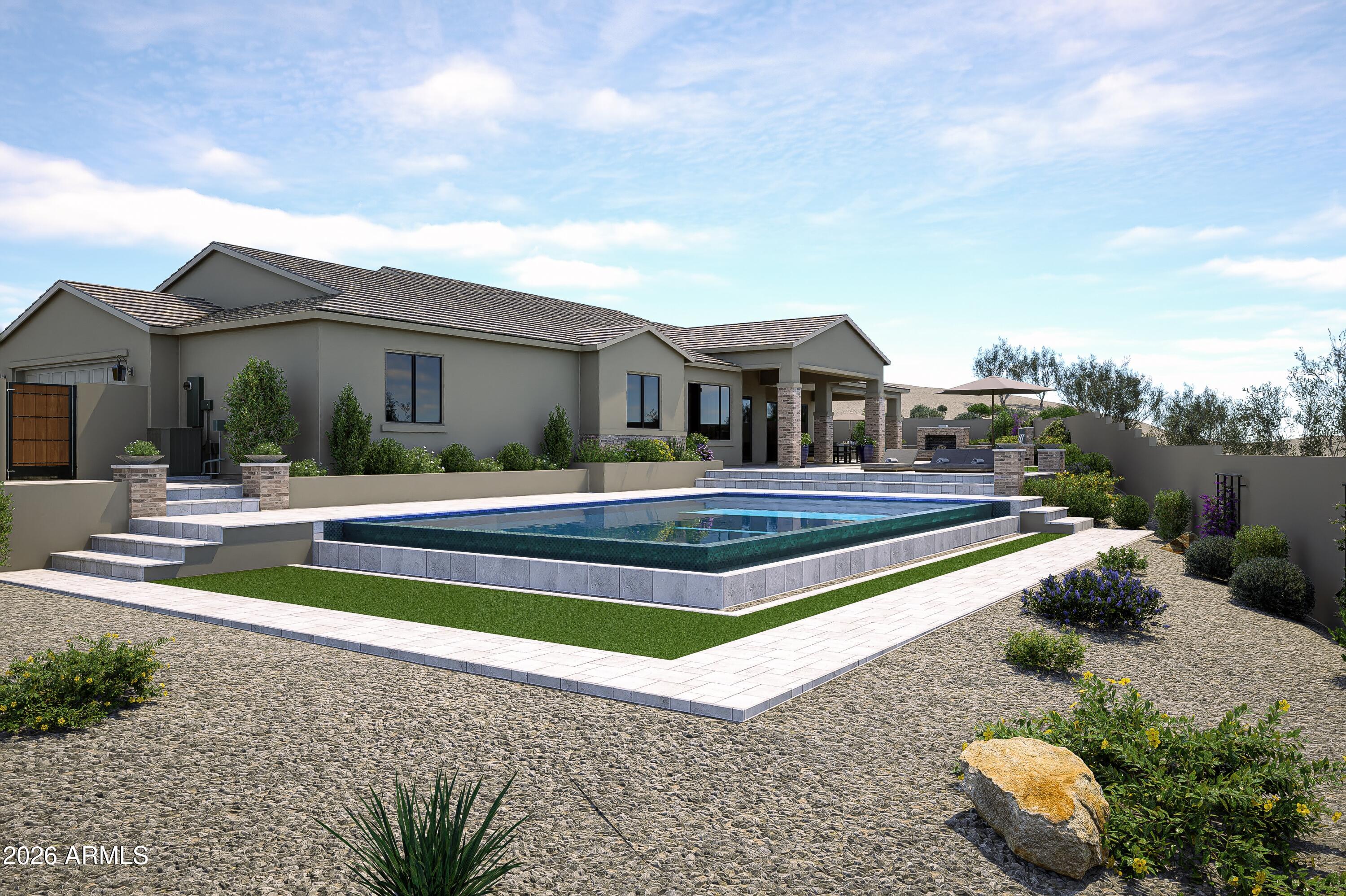 Pool can be financed into new conventional loan with preferred lender! Newly completed Hacienda Arizona Homes estate on over ½ acre in a gated enclave with stunning Superstition Mountain views. Built with 2x6 construction and 12' ceilings, this single-level home offers 4 bedrooms + office, 4 baths, and seamless indoor-outdoor living through expansive glass sliders. Designer kitchen features a waterfall quartz island, custom hood, and walk-in pantry with secondary fridge space. Private-entry guest suite and spa-inspired primary retreat with patio access. Newly finished backyard includes turf, built-in BBQ island, gas fireplace, paver patio, and landscape lighting, perfect for Arizona sunset entertaining. Anderson windows, Trane HVAC, and wood-look porcelain tile throughout.