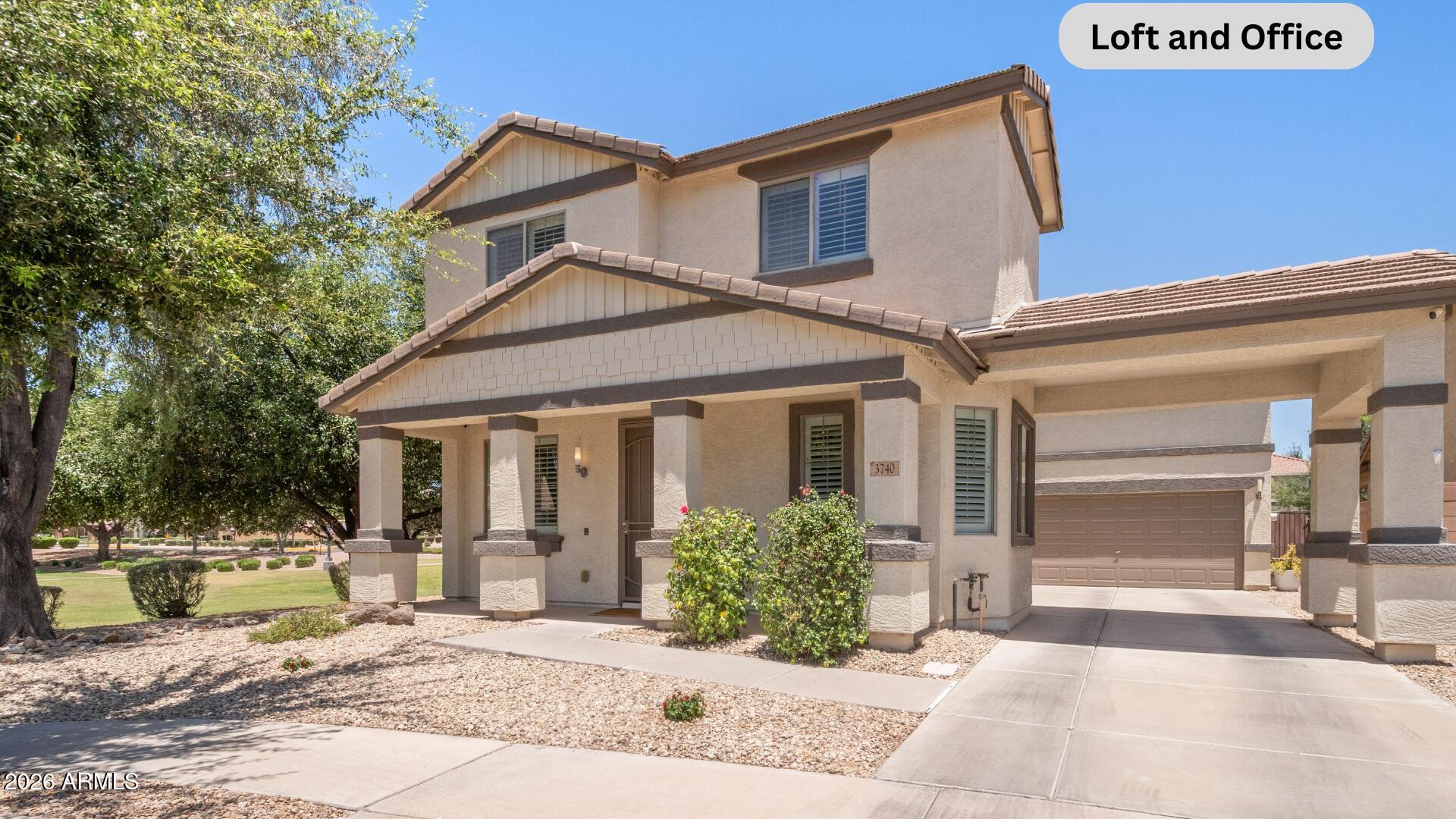 Welcome to this beautifully upgraded 3 bedroom + office and loft, 2.5 bath home in the desirable Cooley Station neighborhood. Inside this thoughtfully upgraded home it showcases 36'' wood plank porcelain tile flooring on the main level & in the upstairs loft/walkways & bathrooms. The master suite/office retreat area features LVP flooring and 3 walk in closets. The open concept living space flows seamlessly into the upgraded kitchen complete with quartz countertops, beautiful glass backsplash, and accent windows for extra light in the kitchen area, a gas range that can covert to electric. This home features a formal living & formal dining off the main entry. The loft is a great space for a kid/teen hangout. Loft and formal dining areas can easily be converted for additional bedrooms. The upstairs laundry has cabinets, quartz countertops, with gas dryer that can covert to electric. In addition the garage features overhead storage, and is pre plumbed for a sink. Out back you'll find a great space for entertaining with a firepit, pergola, garden, a gas stub for a BBQ, and turf. Very low maintenance yard. Sits next to large greenbelt, just a short walk to 2 community pools and playgrounds. You don't want to miss out on this seller loved home!