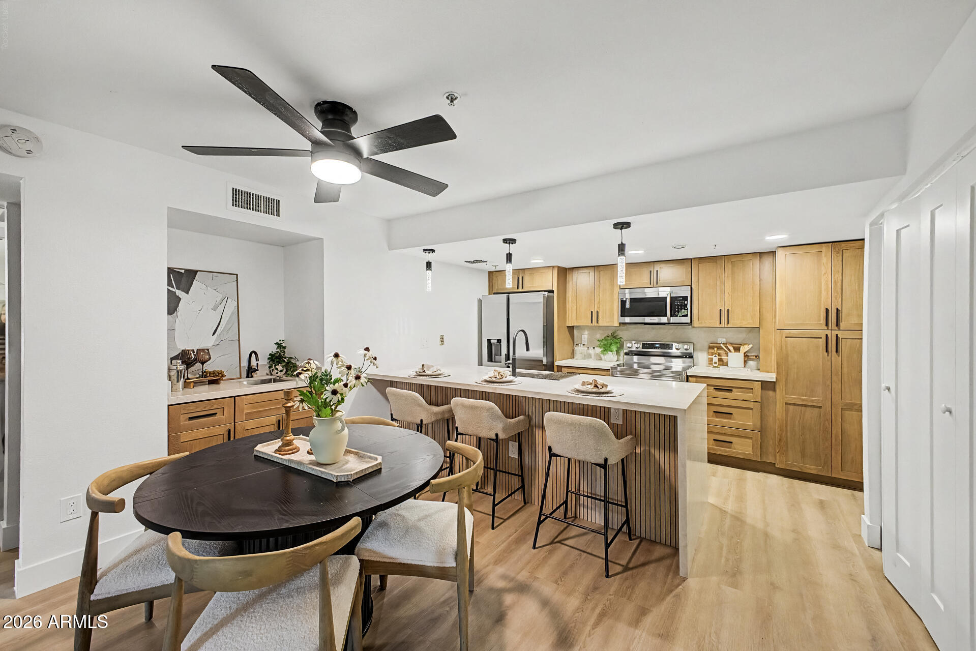 COMPLETE COSMETIC RENOVATION | AIRBNB APPROVED | WHITE OAK FINISHES THROUGHOUT | WALKING DISTANCE TO OLD TOWN

One of the most modern residences in the community, this fully renovated condo stands apart with a design and finish level rarely found in the complex. White oak flooring and custom white oak cabinetry create a cohesive, contemporary look, complemented by Taj Mahal quartz surfaces, matte black hardware, and large-format porcelain tile in the showers. Fresh interior paint enhances the clean, move-in-ready presentation. The layout is designed for easy everyday living with a bright, updated feel throughout. Residents will enjoy close proximity to the community pool, nearby golf courses, and an extensive network of walking and biking trails including Indian Bend Greenbelt walking TR and just minutes from Fashion Square, dining, entertainment, and shopping are all within easy reach. Quick access to the Loop 101 adds convenience for commuting and exploring the surrounding area. A rare opportunity to own a fully updated, short-term-rental-approved condo in one of the area's most connected locations.