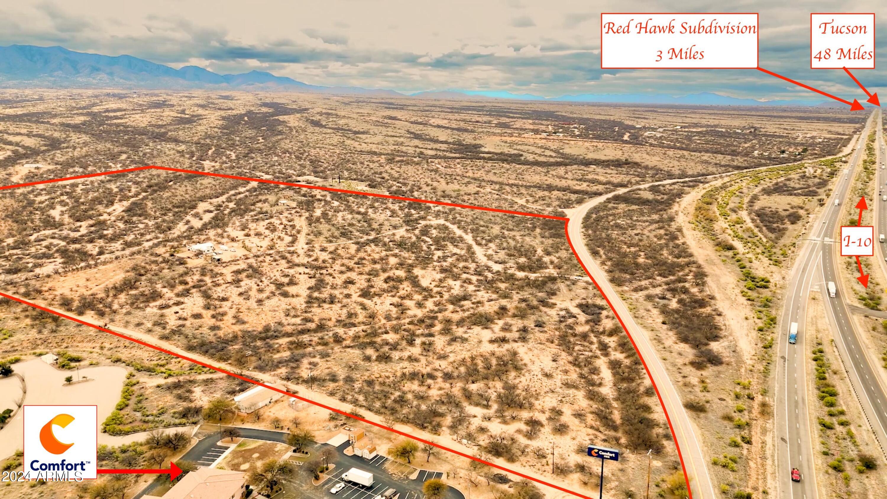 Incredible investment opportunity. Approx 65 acres of prime property with I-10 frontage. Growing commercial and residential area. New Maverick gas station/convenience store just broke grown nearby. Kartchner Vista Subdivision already abuts the south east portion of the property. Multiple RV Parks and hotels in the area. Four successful national fast food franchises on nearby properties.  Water already connected to City of Benson. With zoning approval, envision commercial buildings along the over 1100 sq ft of I-10 frontage and maybe a subdivision or RV park along the remaining portion.  Watch full video and labeled photos to appreciate the amazing location and many possibilities for this property. 

Property has a residence leased month to month.  Please do not disturb tenant.