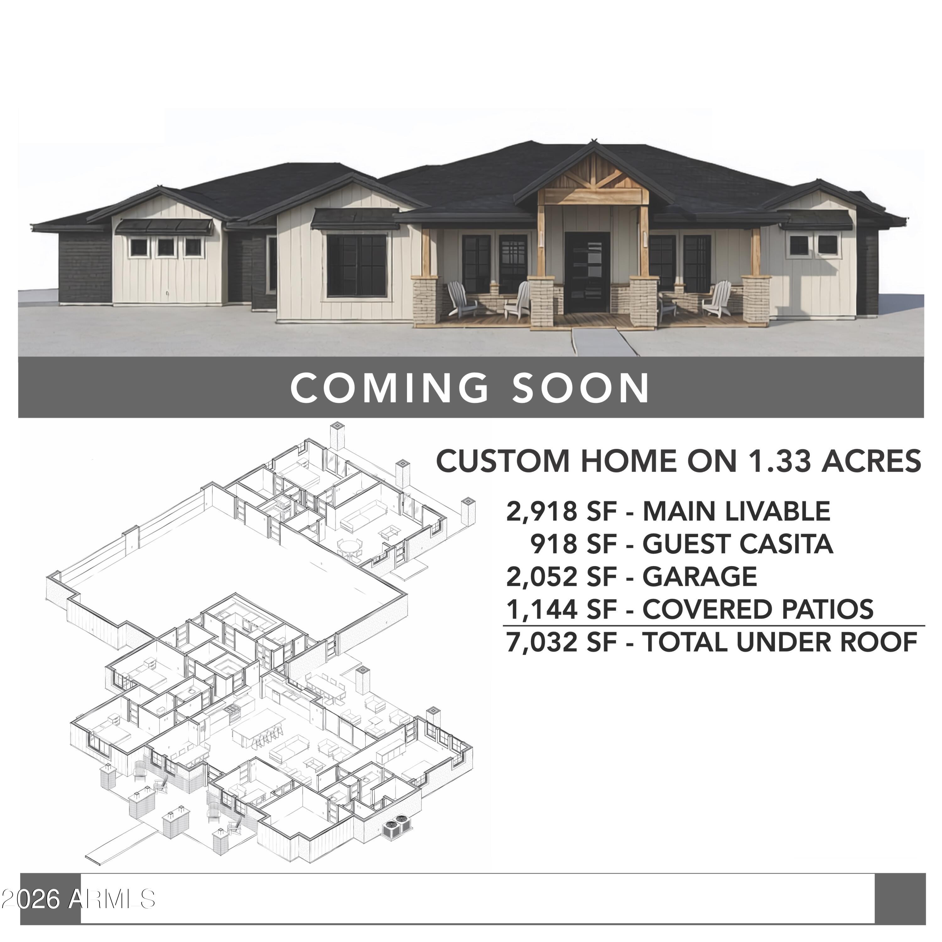 Experience a rare opportunity to own an extraordinary new construction luxury estate in highly sought-after Queen Creek area-where exclusivity, space, and breathtaking desert beauty come together. Set on an expansive 1.3-acre lot with no HOA, this exceptional property offers the freedom, privacy, and flexibility we all crave--while still being conveniently close to town, dining, shopping, and modern conveniences. Designed for those who demand the highest level of craftsmanship and sophistication, this architectural masterpiece will showcase unmatched attention to detail, premium designer finishes, and elevated luxury throughout. The main residence will feature 4 spacious bedrooms, 2.5 bathrooms, and thoughtfully curated high-end materials, including a stunning accent wall, dramatic glass design elements, and exquisite custom finishes that create a truly one-of-a-kind living experience. Adding to its exclusivity is a fully attached split private casita complete with its own full kitchen--perfect for multigenerational living, guests, or private luxury accommodations. And for the car enthusiast, entrepreneur, or collector--this property delivers an incredible six-car garage, offering unmatched storage, workspace, and versatility. Surrounded by sweeping views of the iconic Rock Peak and San Tan Mountains, this estate captures the essence of Arizona luxury living with room to roam, unparalleled scenery, and endless possibilities. This is more than a home--it's a statement. Opportunities like this are exceptionally rare. Secure exclusive information now before this premier Queen Creek estate is claimed by someone else. Luxury, land, views, and unmatched craftsmanship--this is Arizona dream living at its finest.