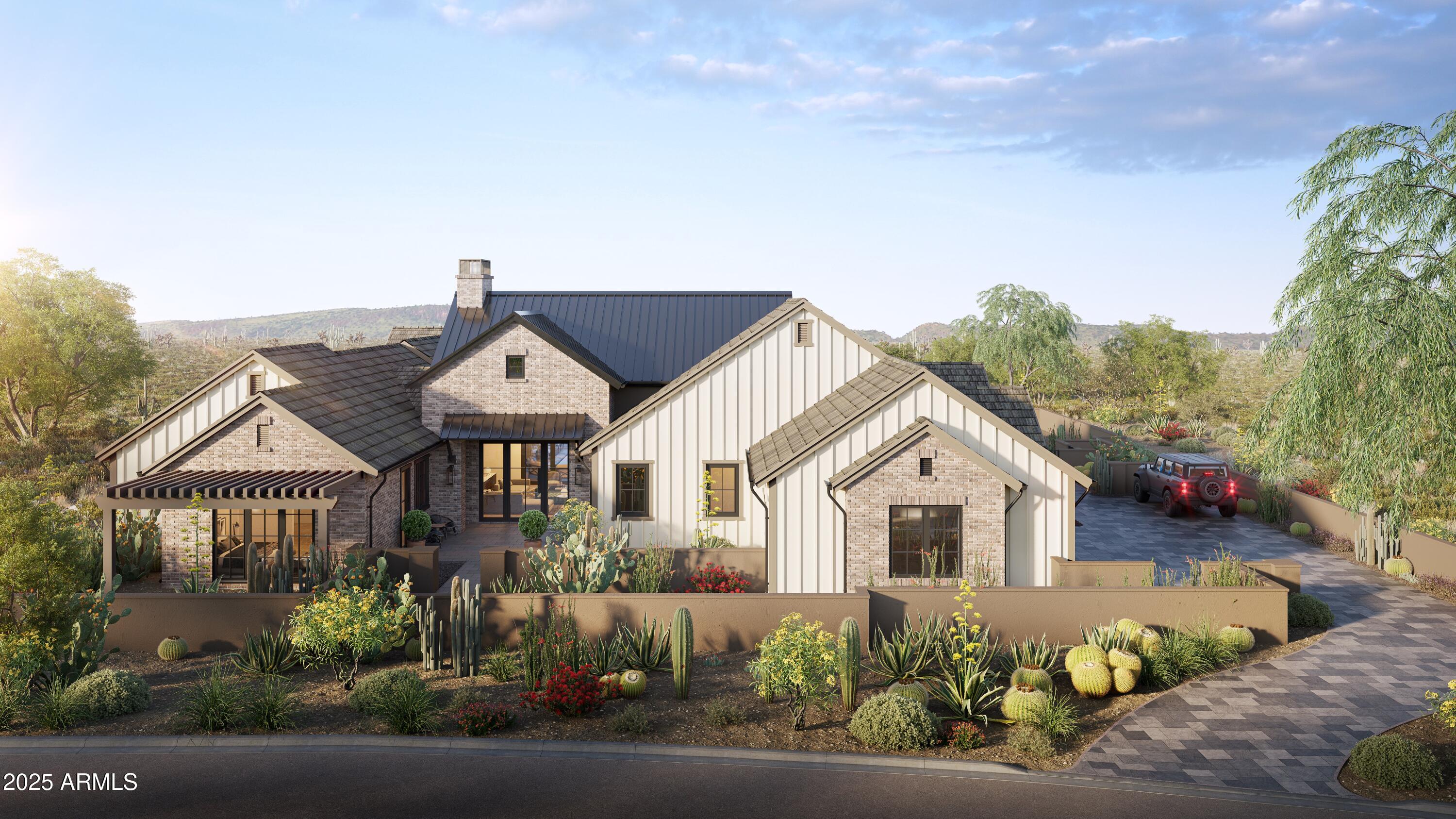 Ready to build now—this stunning custom estate is designed for luxury living on a premium mountainside lot in Verrado. The exterior blends brick, board-and-batten siding, and metal and tile roofing, surrounded by beautifully crafted desert landscaping. Expansive glass doors open to a resort-style backyard featuring a sparkling pool, sun deck, fire pit, and generous outdoor living spaces framed by mountain views. The layout is crafted for both entertaining and everyday comfort. Living in Verrado offers tree-lined streets, miles of trails, golf, parks, and a vibrant Main Street with dining and events. A rare chance to create a one-of-a-kind home in one of Arizona's most desirable communities.