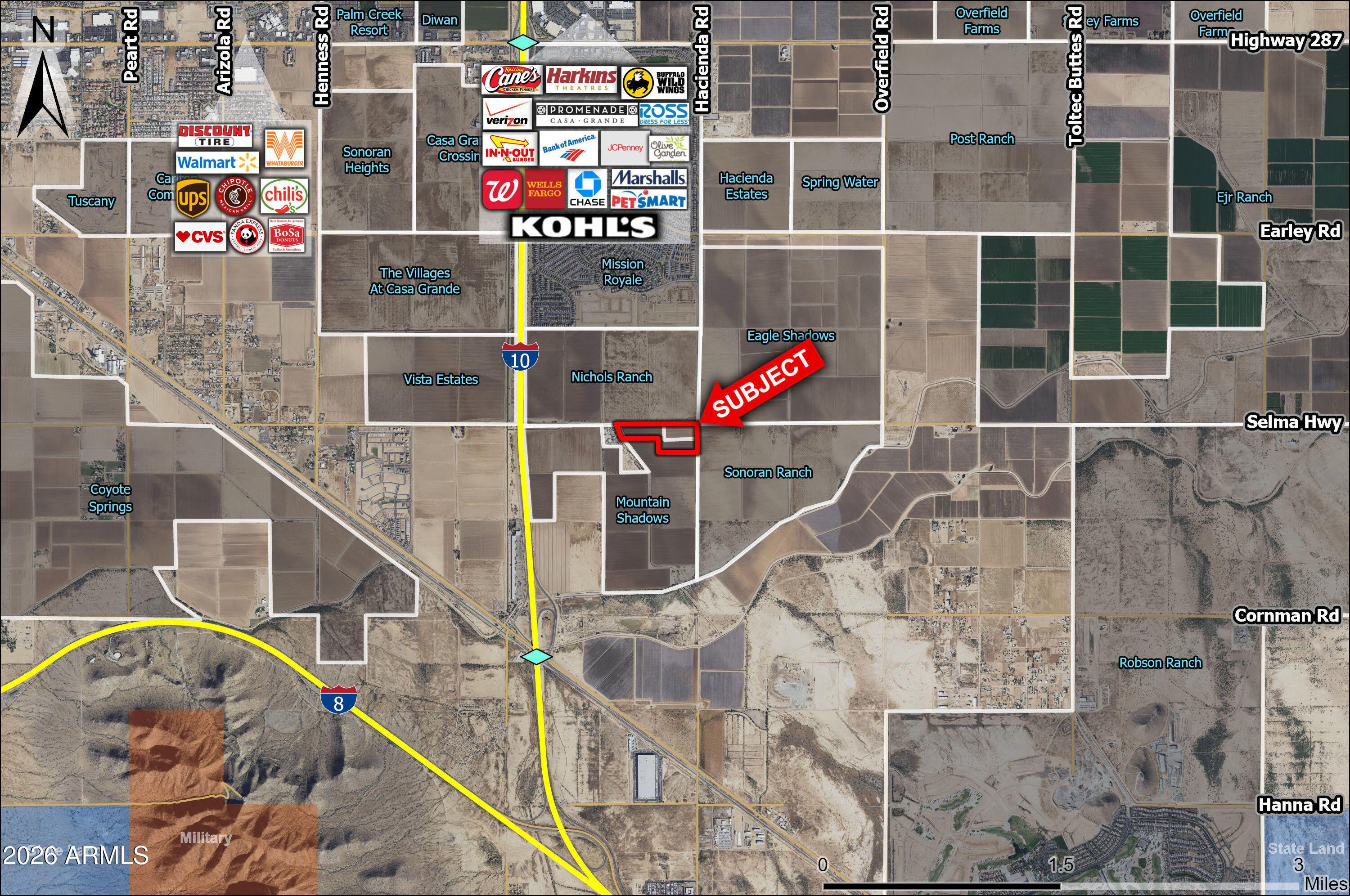 Property is located along Selma Hwy just east of Interstate 10. Property was previously planned for commercial and has a PAD zoning 
overlay. Seller will give time to get entitlements in place. Farm lease in place till 2025. Excellent investment or 1031 Exchange. Submit all offers
