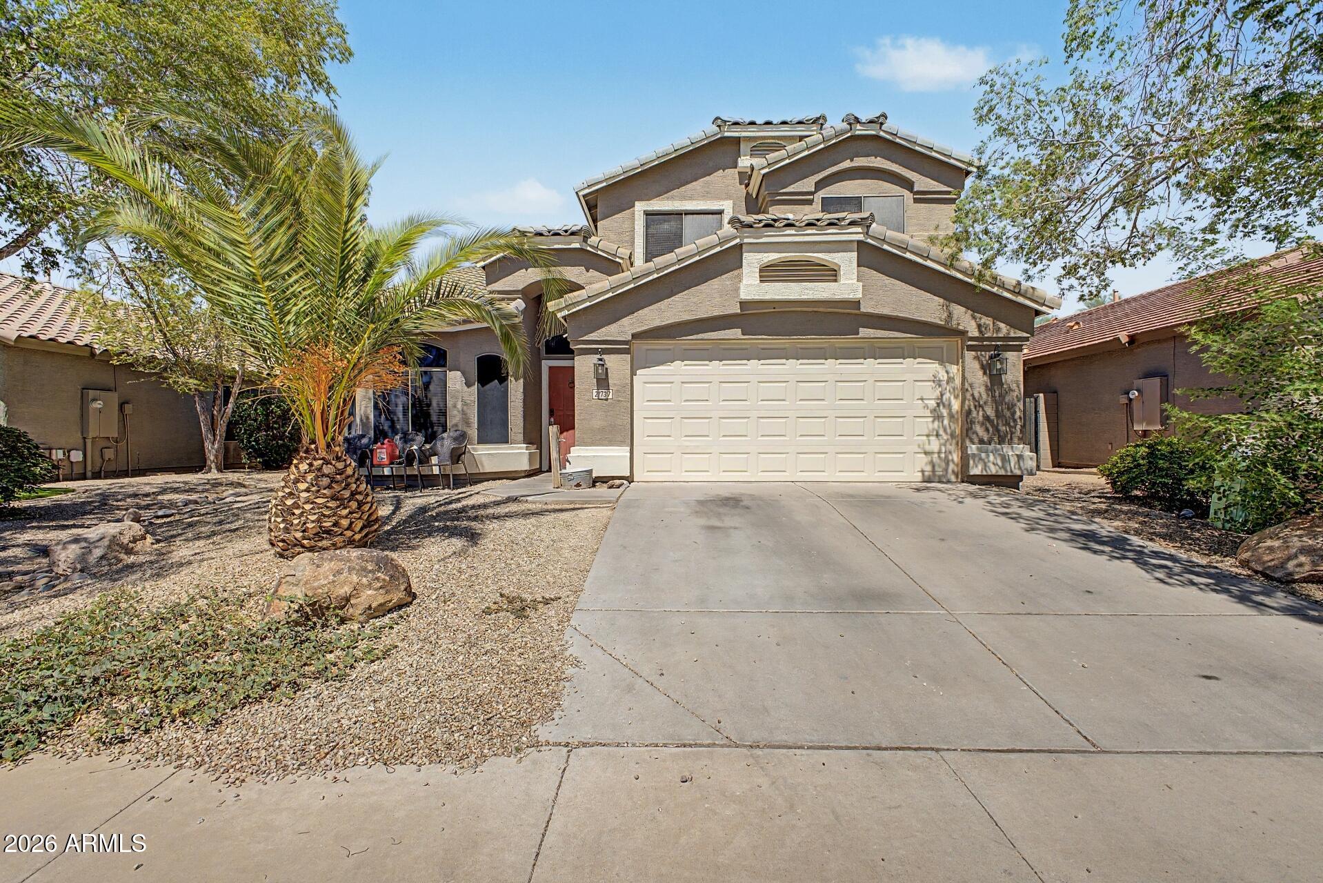 Located in the Rancho El Dorado community of Maricopa, this 2-story home offers 2,134 sq ft of living space with 4 bedrooms and 2.5 bathrooms. Built in 2002, the home sits on a 5,549 sq ft lot directly across from the golf course. The floor plan includes both a formal living room and a separate family room, plus a formal dining room and breakfast nook for flexible living and entertaining space. Numerous windows and vaulted ceilings bring in natural light throughout. A private balcony off the primary suite offers a quiet outdoor space to enjoy the views. The backyard includes a covered patio and additional extended patio areas. Attached garage parking and stucco exterior. HOA dues are $60.74 a month. 
Property to be sold as is