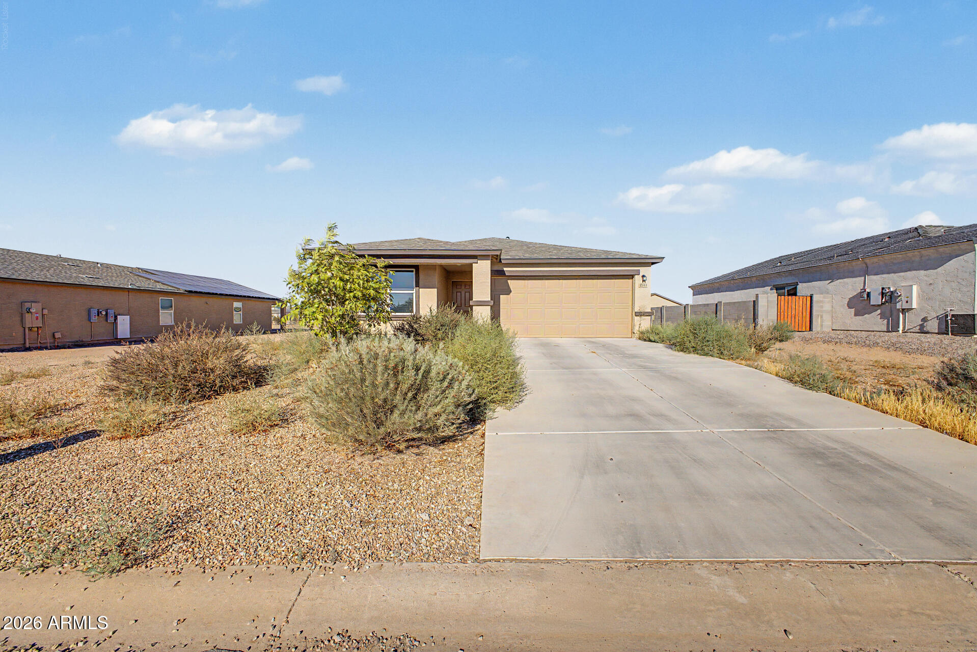 No HOA newer 2023 Arizona City Home For Sale. It is a well-maintained home that has been lightly lived in. Hard flooring throughout except in the bedrooms. The kitchen is spacious, with granite countertops and plenty of cabinet space. The master bedroom is spacious, with a walk-in closet, dual sinks, and a walk-in shower. The backyard has one shared fence wall.