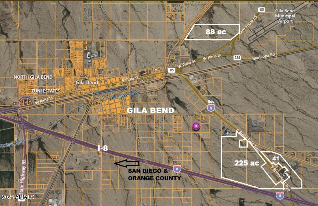 This ±225-acre vacant land opportunity in Gila Bend offers outstanding exposure and access along Interstate 8 via the adjacent interchange. The property is located across from the Pilot Travel Center and American Choice Inn, capturing traffic from one of the Southwest's busiest logistics corridors connecting Mexico, San Diego, Phoenix, and Tucson. With extensive frontage along I-8 and Butterfield Trail, the site is ideal for warehousing, distribution, fulfillment, industrial, commercial, and multifamily uses. Zoning includes I-2, B-2, R-4, and CC. Utilities are available at the lot line. Willing to subdivide.