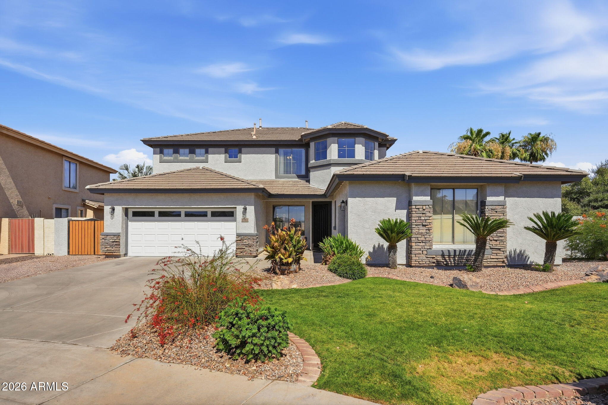 Situated on one of the largest lots in the neighborhood, this home offers exceptional privacy w/ no neighbors behind. Meticulously maintained throughout, the home welcomes you w/ soaring ceilings, abundant natural light, & upgrades throughout.  The beautifully appointed kitchen features SS appliances, granite counters, travertine backsplash, custom cabinets, spacious island, & walk-in pantry. The spacious primary suite is conveniently located on the main level and serves as a private retreat. Additional Bedroom/Office/Nursery located on main level. The upstairs features 3 large bedrooms & loft space. The backyard is designed for entertaining. Large grassy areas for kids/pets, newly installed gazebo for entertaining, & pool was recently updated w/ new pebble tec surface & travertine coping.