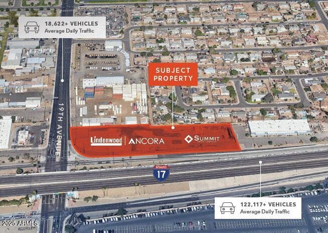 REDUCED...NOW 7% CAP! Prime 2.6-acre, extremely rare infill A1/A2 Zoned Industrial property, strategically
located on a high-visibility hard corner in an Opportunity Zone, fronting the I-17 Interstate with an impressive average
daily traffic count of 122,000 vehicles. The property is 100% leased to two strong tenants. The primary tenant, Ancora (a
subsidiary of Lindenwood Education System), operates under a NNN lease extending through November 2030. The
secondary tenant, Summit Brick Company, a masonry fabricator and distributor founded in 1902, occupies the remaining space on a month-to-month gross lease and has recently expressed interest
in securing a long-term lease. Billboard does not convey.