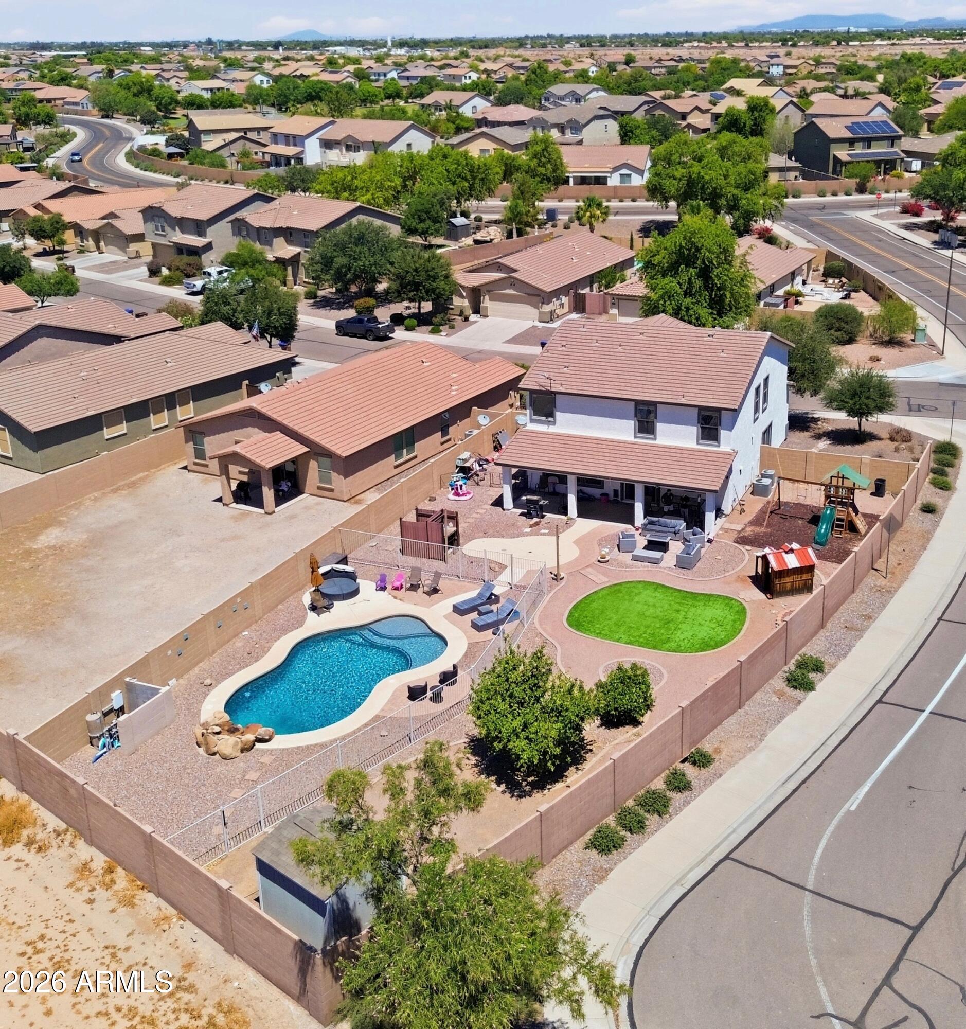 Welcome to this extremely well-maintained, 4-bed, 3-bath home in the desirable Laredo Ranch neighborhood. Built in 2010, this spacious 2,401 sq ft residence sits on one of the largest lots in the community and offers the perfect blend of comfort, functionality, and outdoor entertainment. The entire second floor has been beautifully updated with brand new carpet in all rooms, as well as remodeled bathrooms, giving the home a fresh, modern feel while maintaining its excellent layout. Downstairs, the 2 living areas allow for plenty of room for indoor entertainment. Outside, enjoy your massive private backyard retreat featuring a pristine pool with a waterfall, a splash pad, children's play areas, as well as an outdoor shower!! Priced below market value, this one will go fast!! Don't miss out!
