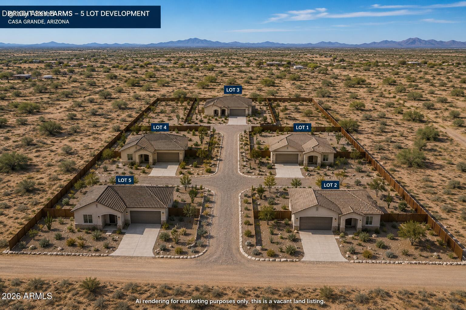 Prime 7.44-acre investment opportunity in rapidly growing Casa Grande! This level usable parcel has already been split into 5 lots, creating a strong opportunity for builders, investors, or buyers looking to create a family compound with multiple homes. No HOA, mountain views, easy access, and flexible residential use with room for site-built or manufactured homes, shops, RV garages, horses, and more. Located in the path of major Pinal County growth with expanding infrastructure, industrial development, and housing demand nearby. Investor-owned and aggressively priced for action. Seller is motivated and open to serious offers. Rare chance to control multiple lots at a price point difficult to replace in today's market. Buyer to verify utilities, water, and future development options.