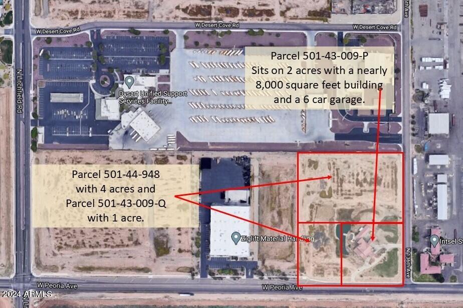 Phenomenal opportunity to own 7 acres in the Desert Cove Commercial Park! The premium location at the corner of Peoria Ave and 136th Ave provides easy access to multiple freeways and is also near a rail line. All utilities are on site with multiple connection points for maximum flexibility. There is also a 5 bedroom, 5.5 bathroom home with just under 8,000 livable square feet and a 6 car garage on the southeast 2 acres that conveys in as-is condition.