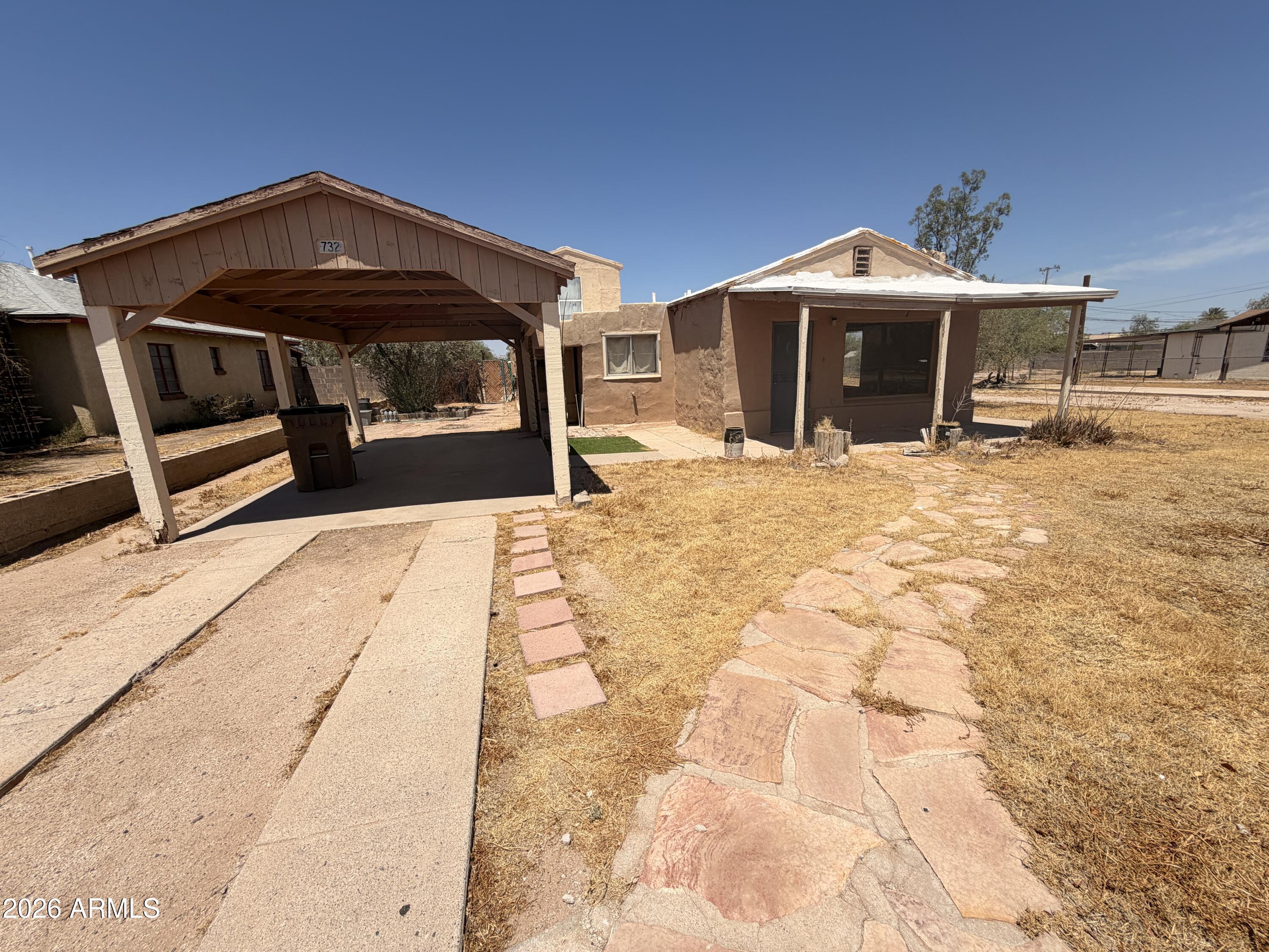Unique opportunity to own an Adobe home circa 1951. This 2 bedroom home with a loft is located in historic Florence Arizona, and sits on nearly 1/2 an acre of land. Home nees some work but could be the hidden gem you are looking for.  Near historic Main Street, in a charming small town, with lots of history.  Enjoy the outdoor recreation of the Sonoran Desert, hiking, and ATV off road adventures in Box Canyon and more.