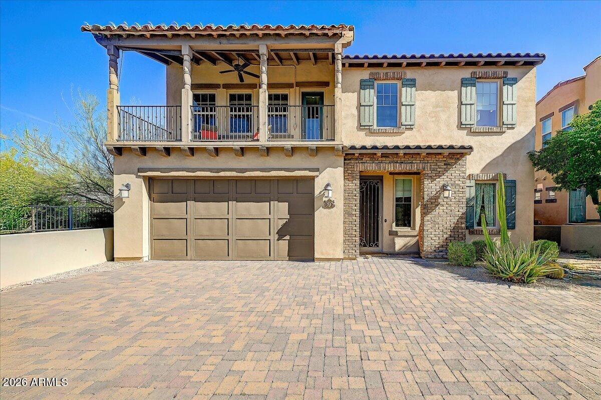Beautiful Lock and Leave home in Almarte near Downtown Carefree. 2 Luxury Primary Suites, one on main floor and another upstairs. Island kitchen has elegant granite and KitchenAid appliances. Feel the volume of the main floor 11' ceilings. Additionally, upper level with view balcony has loft and desk area. The backyard is full of vegetation, trees and turf for the pups, plus a brick, gas fireplace for the cool nights. The location is stellar with its proximity and walkability to taverns/restaurants, art galleries and the English Tea Room.