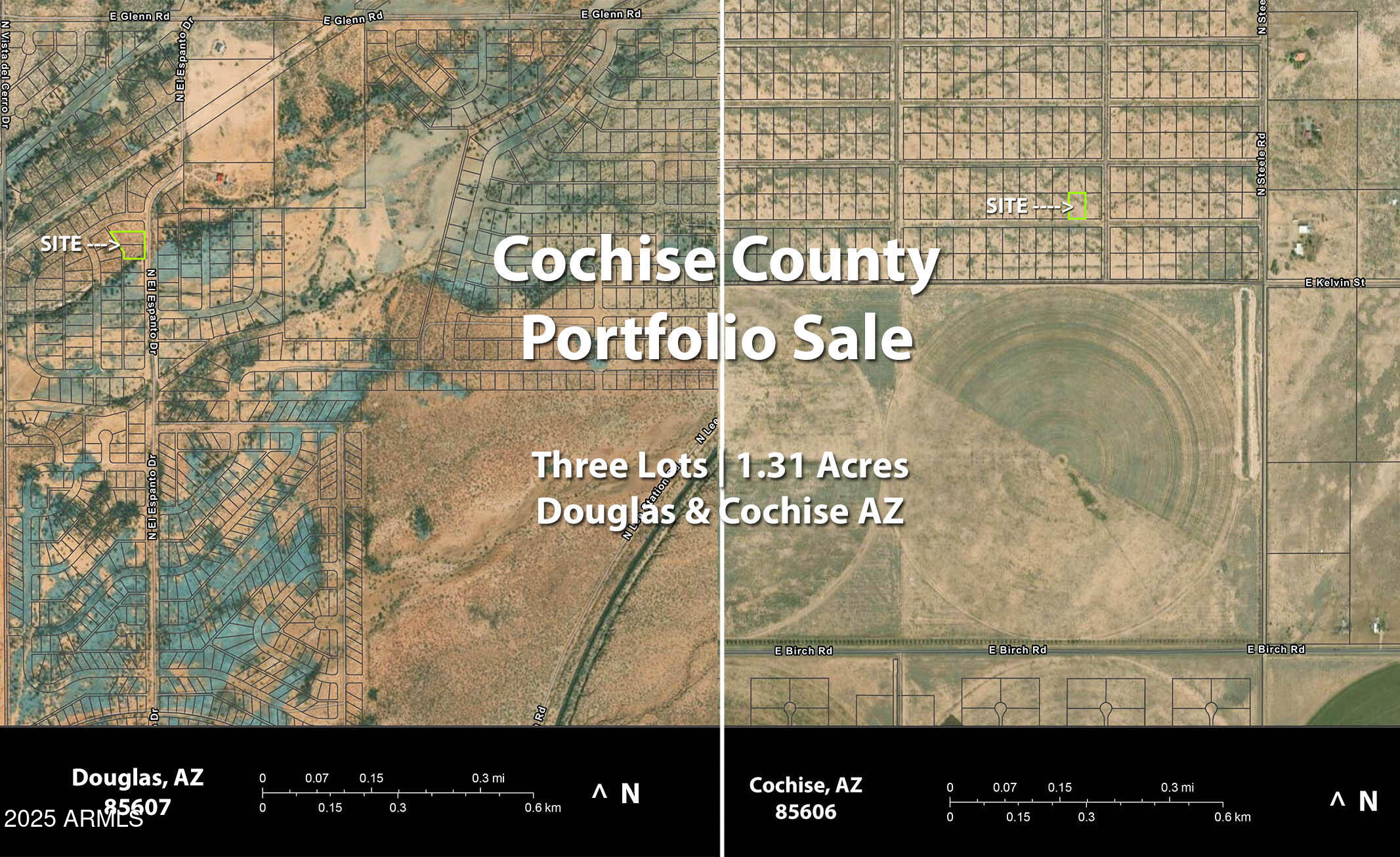 An affordable SE Arizona investment opportunity on three residential zoned lots located in Cochise County. Owner is selling together as a portfolio and will not separate due to selling costs. The Douglas area lots are contiguous, comprising 0.8 acres zoned SR-12, located in Cochise College Park #11. APNs are 406-13-099 & 406-13-100. The Cochise lot is 0.51 ac. zoned SR-22 and is located off of Birch Rd. in Sunsites Unit 10; APN is 114-05-083. Please see aerial photo maps for details. Lots are to be considered off-grid, quite a distance from utilities. Develop, resell or hold for the future; the choice is yours!