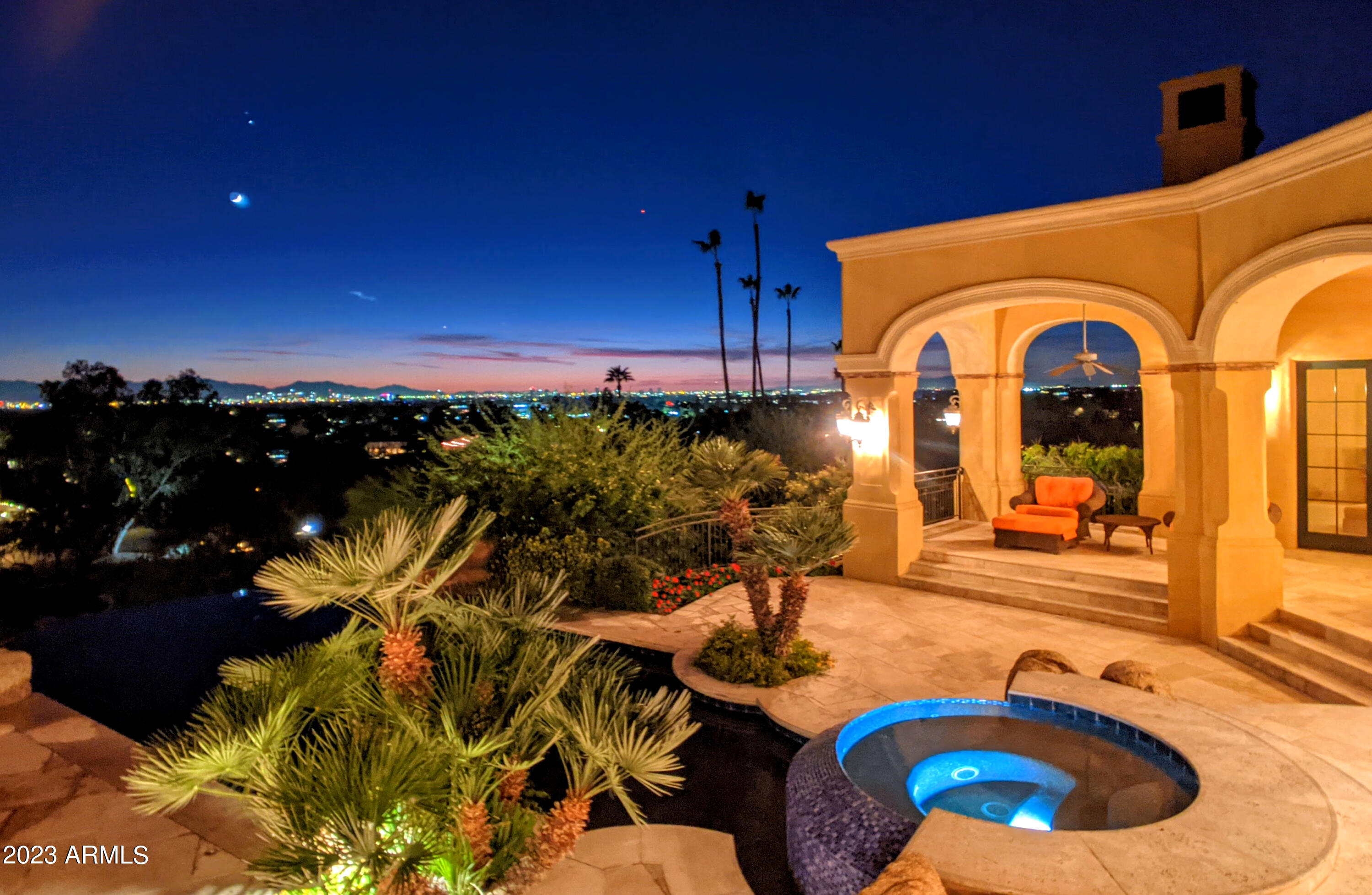 TurnKey ARCADIA on CAMELBACK MOUNTAIN, ONE-LEVEL- 1.18 ACRE VERY PRIVATELY Gated Lot w Separate-Detached GUEST HOUSE! all Ensuite Living Custom built SANTA BARBARA/Tuscan estate overlooking all ARCADIA w a GRAND-EXPOSURE to Horizon-Wide UNOBSTRUCTED VIEWS -CITY LIGHTS SUNRISES+ SUNSETS the Far East to West Horizons of the entire Valley • High 15' sweeping ceilings 9'+doorways, Carved Walnut & Italian Travertine & Venetian Plaster - LARGE OPEN TERRACES & Deep Covered Shaded Patios w built-in high-pressure misting & NETWORKED systems for entertaining indoors & out! Grass Lawns for Fido, Office, Theater, Bottle Cellar Fireplaces GRAND Gourmet Kitchen & ISLAND, Gas Fireplaces, (-)Edge Bottle shaped Pool Waterfall Spa + Mini-Golf Green CIRCLE-DRIVE 3 Car Garage No HOA & Sewer In+Connecte