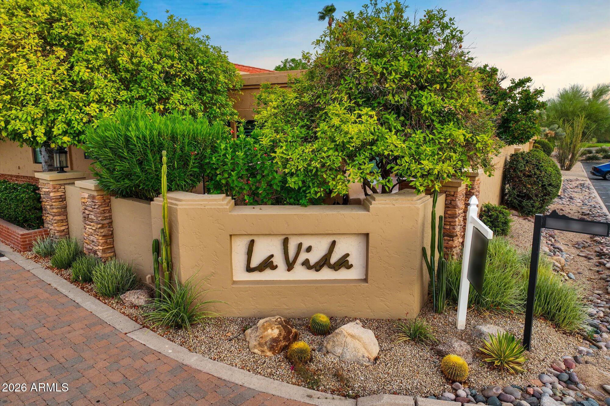 Spectacular golf course home in the coveted La Vida subdivision. This updated 3 bedroom 3 bathroom open floor plan home is on a premium corner lot with amazing outdoor space. Vaulted ceilings, gourmet kitchen, main level Primary and hidden pantry are all part of this gorgeous home. Upstairs office with its own patio as well as a guest suite with en-suite bathroom. Covered patio with built in barbecue and fountain make outdoor living a dream.  Community amenities include swimming pool, pickleball and tennis courts as well as a park and plenty of green space.  Golf course living at it's finest.