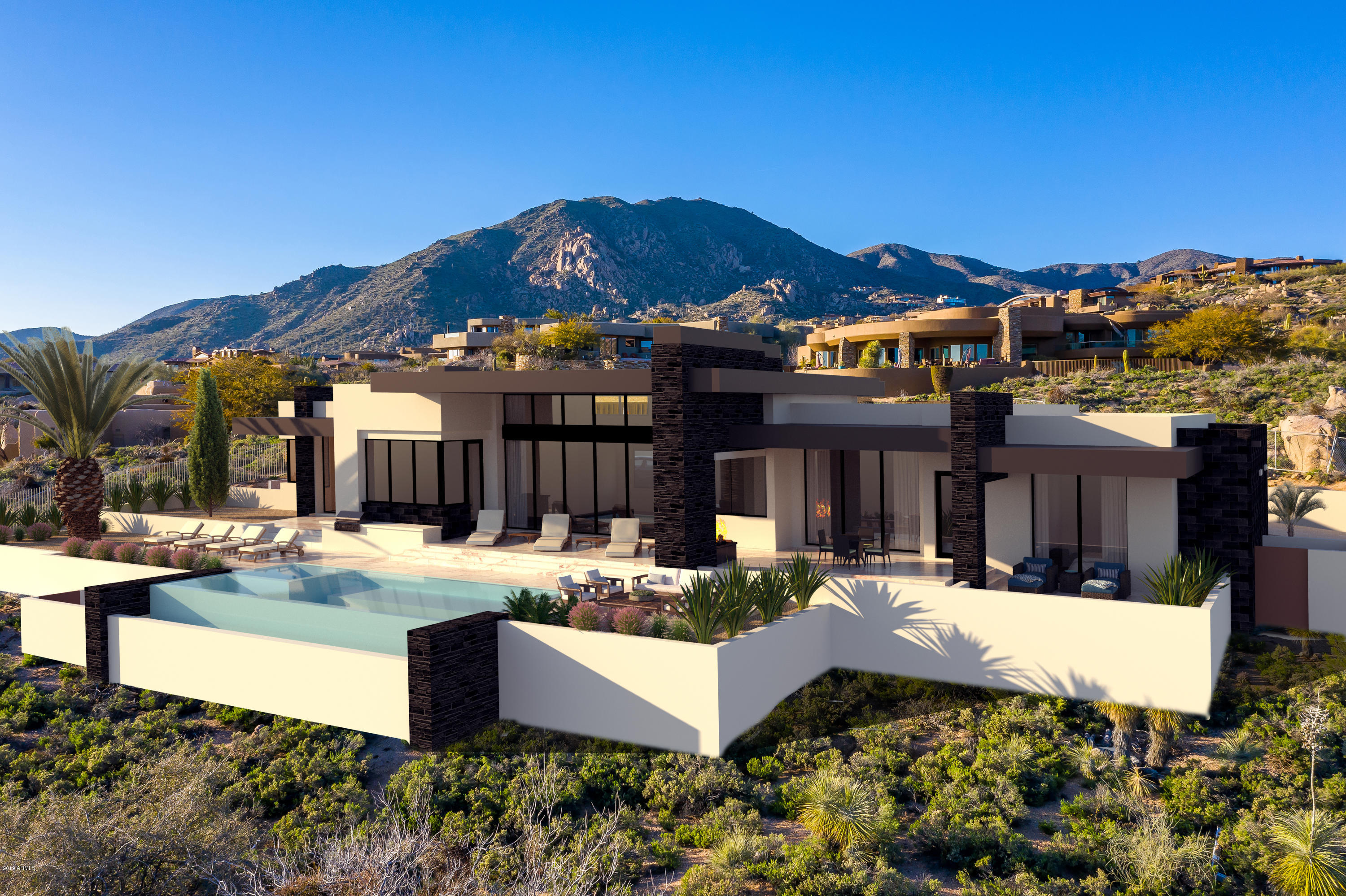 September Move In! Captivating new single-level custom contemporary masterpiece with SWEEPING mountain, city light and sunset views. Sophisticated architectural design, utilizing an abundance of stone, metal and glass flowing seamlessly inside and out. A quality-crafted smart home, offering a modern open design, soaring 15-foot ceilings, vast patios and retractable walls of glass unite the panoramic views with the dramatic interior and exterior living spaces alike. Alluring courtyard entry with glass pivot door, voluminous window-wrapped rooms, French Oak flooring throughout combined with highly desirable split floor plan delivers the epitome of luxury living.The bright and airy chef's kitchen is an ideal blend of both design and functionality clad with premium finishes and fixtures, including Wolf and Sub-Zero appliances, stone counter surfaces, steam oven and walk-in pantry. Master retreat with separate master lounge (flex/exercise room), stacked stone fireplace and telescoping glass walls spilling out to grand patio is completed with spa inspired luxe bath.

Perched on an elevated lot, in Desert Mountain, at an exceptional price point, this is one of the only NEW view properties showcasing such prime, highly sought-after southern views. All neighboring lots have been built, preserving the magnificent sights.

Grand Patio, meandering along the southern length of the home can be accessed from Great Room, Morning Room, Master Retreat, Media (4th Bedroom) and Guest Suite. Boasting a negative-edge pool with full-length Baja step, sparkling spa and built-in grill, complete with outdoor fireplace for alfresco dining while gazing at the city light views. 

A collaborative creation from Home Designs by Marvin Lunt, built by Arizona's Premiere Luxury Builder Platinum Companies and Lindsay Kadlick Interiors, with an estimated completion date of September 2019.

See Documents for more information. Renderings provided by architect and may differ from end results. Call today for a guided tour. Artistic / Architectural renderings may differ from end result due to changes etc.

Desert Mountain, an 8,000-acre guard-gated community, is in the foothills of the Continental Mountains of north Scottsdale. The higher elevation delivers miles of sweeping views and cooler temperatures than the valley below. The nearby towns of Carefree and Cave Creek provide most of the shopping Desert Mountain residents need within about a ten-minute drive of the front gate. 
Offering Members, the world's largest collection of private, Jack Nicklaus Signature Golf Courses, Desert Mountain defines unparalleled championship desert golf like no other. 

The Sonoran Clubhouse is the Club's swim, tennis, fitness and spa facility. In 2016, the $12MM expansion and renovation was complete. Along with a cafe, six pickleball courts, a golf croquet and a bocce ball court have been added. This remarkable amenity adds tremendous value and enjoyment to the community's Club Members. 

Adjacent to the Tonto National Forest (the second largest in the United States) is the private 15-mile trail system. It is located at the back of the community, in and on top of the Continental Mountains, providing exceptional hiking and mountain biking opportunities for all Desert Mountain property owners. Members of the Desert Mountain Club enjoy "glamping" and horseback riding along with an array of other fun activities.