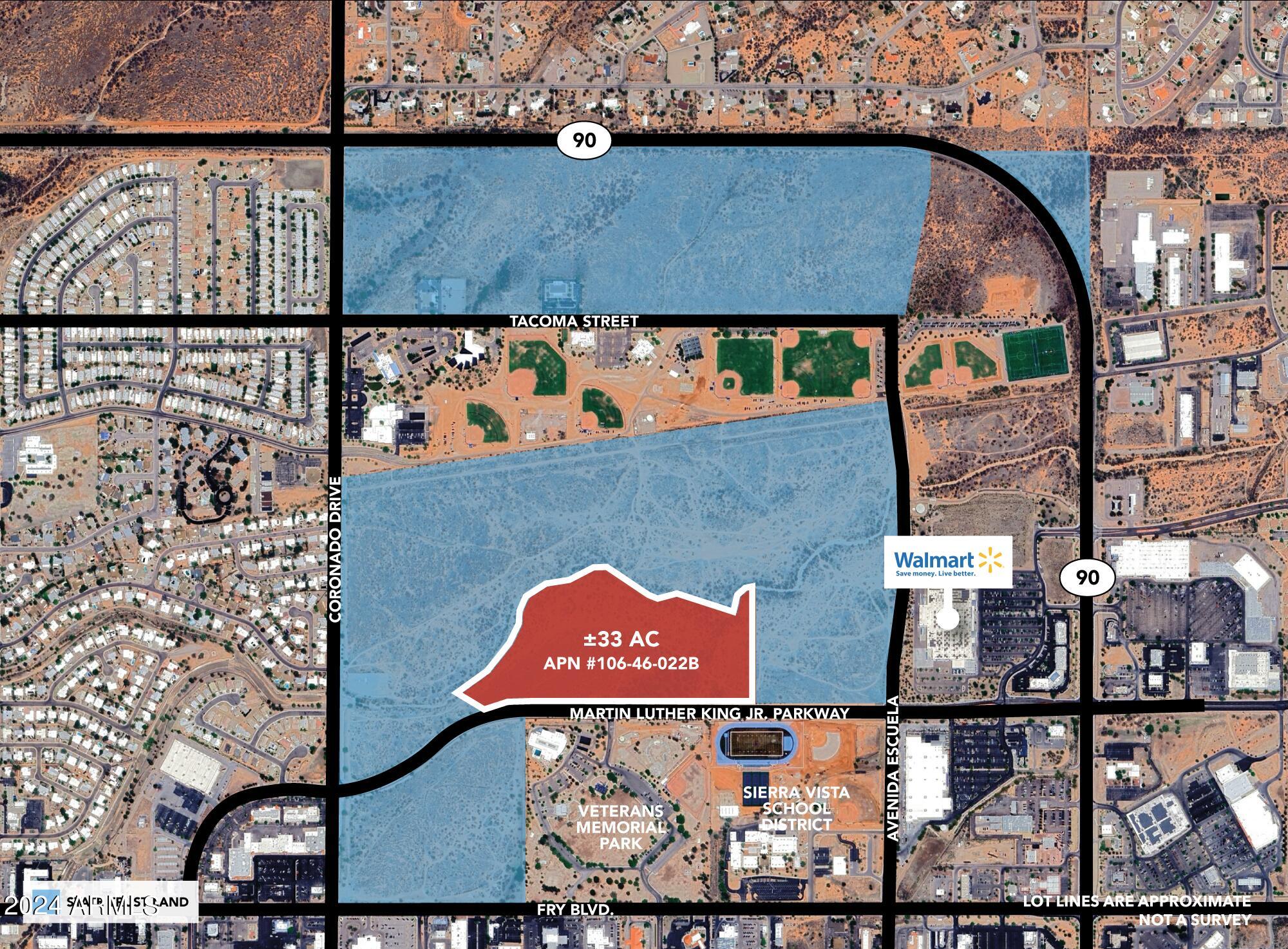 +/- 33 acres of land zoned for multifamily use, located in the rapidly growing Sierra Vista, AZ. This prime property is ideally situated across from Veteran's Memorial Park and the Sierra Vista Aquatic Center. The land is flat and ready for development, offering an infill location just minutes away from Fort Huachuca Army base. It presents an excellent opportunity for multifamily development. The property is already zoned for residential multi-family or elder care, and the community is development-friendly. With approximately 1,900 feet of frontage and a fully signalized intersection, the site is less than half a mile from a major power center that includes commercial amenities like Lowe's, Walmart, and Target. The land is suitable for multi-family housing, townhomes, single-family residences, or elder care facilities, with potential for small-scale commercial use. There is also an opportunity for rezoning into commercial use. Surrounded by state-owned land, this property is a unique investment or development opportunity. Contact the broker for more details.