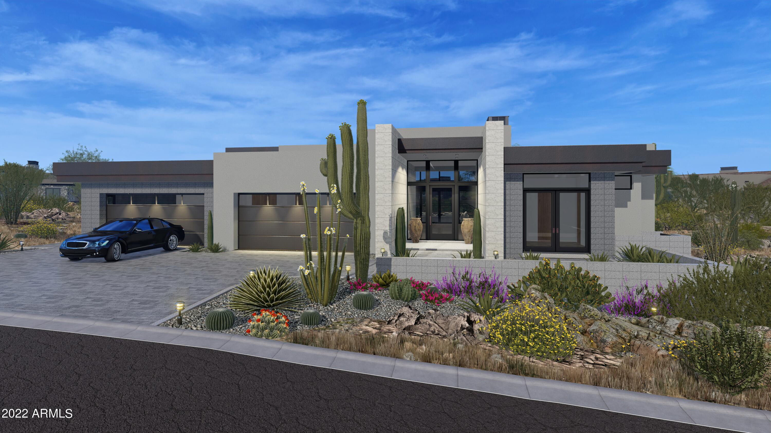 Elegant modern design in Candlewood Estates at Troon North with south-facing views * Unique architectural blend of exposed block, glass, and steel create a one of a kind residence * Ideal great room floor plan with soaring ceilings, and master suite split from the other guest suites * Interior elements include wood plank and designer tile flooring, quartz slab surfaces, furniture grade cabinetry, Fleetwood doors, Sub Zero/ Wolf appliances including steam oven, coffee machine, ice maker, and wine refrigerator * True indoor-outdoor living with walls of glass doors opening to the generous covered patio * Outdoor living complete with gas fireplace, built-in BBQ center and indoor/outdoor bar * Heated pool/spa and 4 car garage complete the residence * Slated for completion September 2022 *
