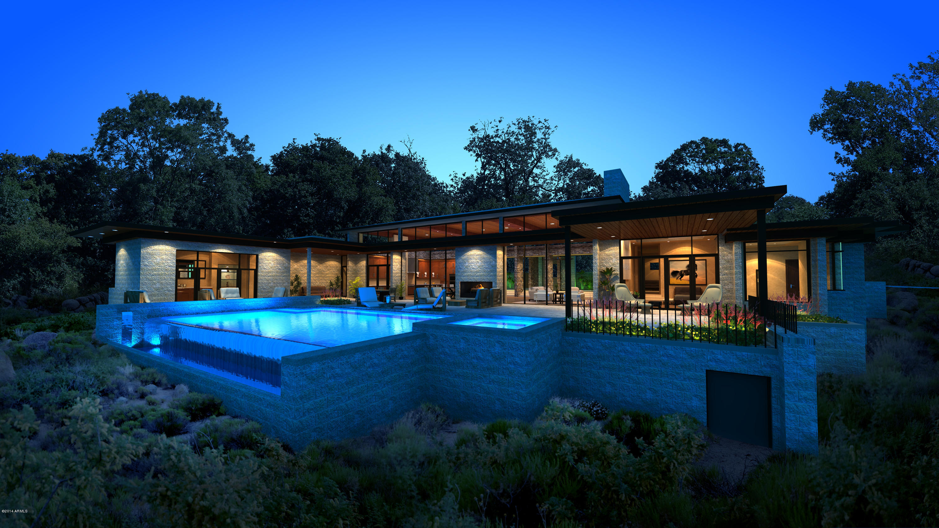 State of the art construction - ready soon. Wide open and dramatic contemporary floor plan with 16' ceilings and walls of glass. Electric disappearing sliding glass doors with stunning views of Pinnacle Peak and city lights. Macassar Ebony and Black Walnut cabinets and doors. Elegant refrigerated wine rm at end of gallery. 4 ensuite bedrooms, each having patio access incld a separate guest house with its own living room. Handsome office with private garden is located in the master wing. Great entertaining on view patio with pool, spa, firepit, and high temp grill. Extra large 4 car garage. Gourmet kitchen has 2 ovens, 1 is Miele steam. Separate refrig and freezer, plus 2 refrig drawers. Extensive use of LED lighting inside & out. Passive solar construction with exceptionally efficient HVAC