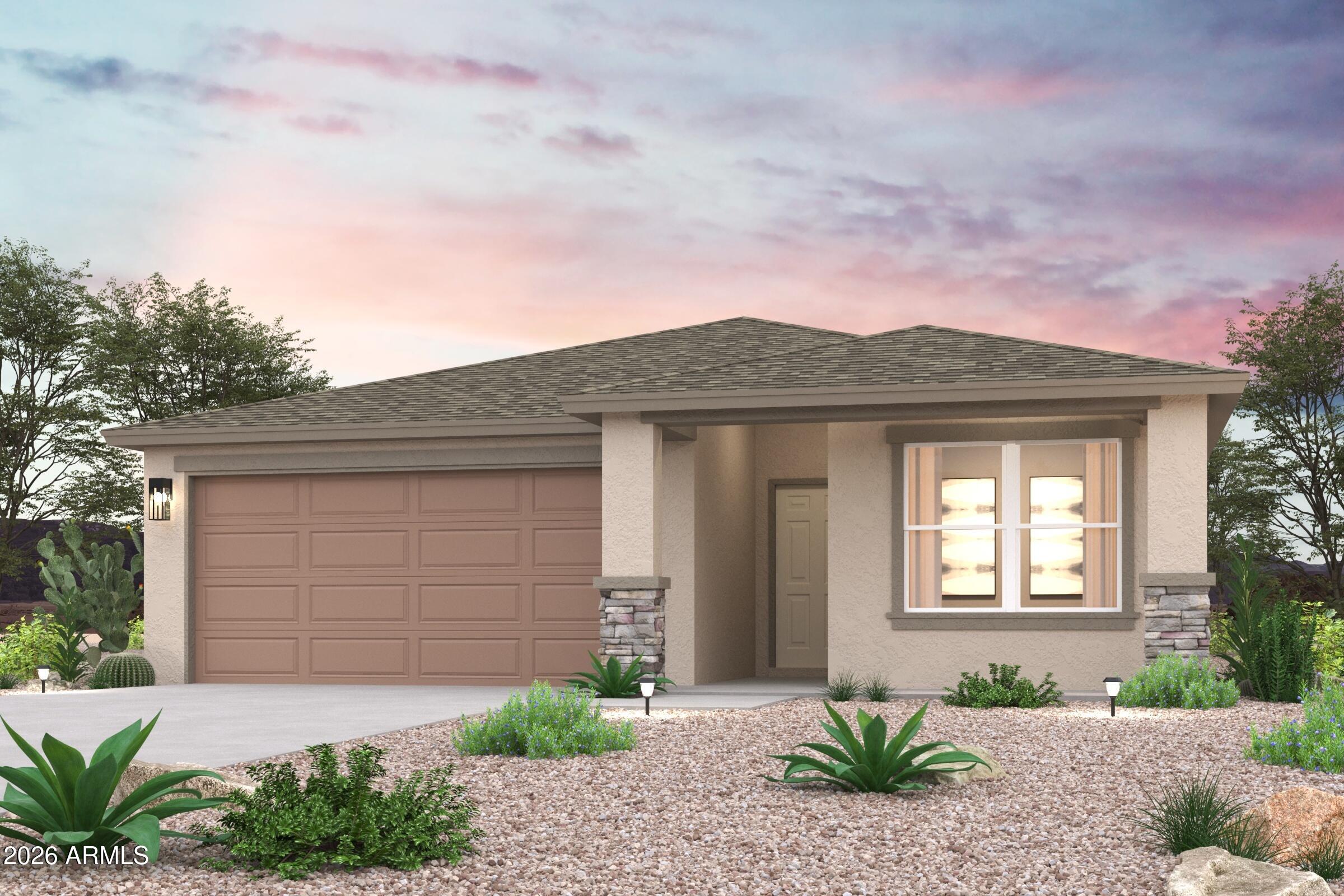 Discover Your Dream Home in the Mesquite Hills! The Verbena Plan features an open-concept design, blending the kitchen with a spacious Great Room, perfect for living and entertaining. The kitchen boasts sleek cabinetry, quartz countertops, and LG appliances, including an electric smooth-top range, over-the-range microwave, and dishwasher. Retreat to the serene primary suite with a private bath, dual vanity sinks, and a generous walk-in closet. All bedrooms and a convenient laundry room are designed for privacy and ease. Enjoy energy-efficient Low E windows, a two-car garage, and a 1-year limited home warranty.