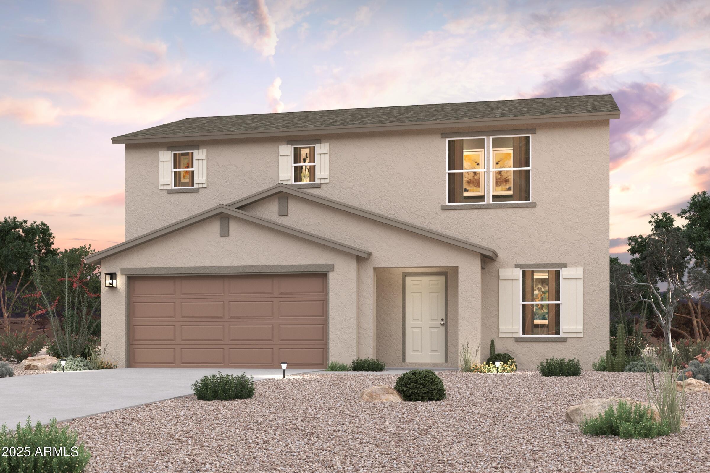 Welcome to your dream home in the Arizona City Community! Introducing the Aguila Floor Plan. This thoughtfully designed two-story home offers both functionality and style. The main level features an open concept layout, seamlessly connecting the great room, dining room, and kitchen. The kitchen is equipped with quartz counters, LG appliances, and an island, making it a perfect space for culinary enthusiasts. Adjacent to the kitchen is a convenient dining area that opens up to a patio, ideal for indoor-outdoor living. The main level also includes a versatile bedroom and a full bath, providing flexibility for guests or additional living space. A 2-bay garage offers ample storage and parking.