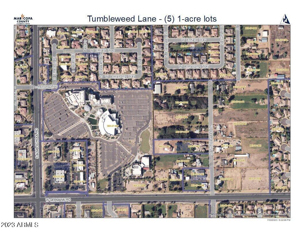 1 acre lot located in the heart of South Chandler, currently wrapping up a MLD (Minor Land Division) that creates a total of (5) lots within this cul de sac street. Lot will have access to property line for flood irrigation through SRP, power (SRP), City of Chandler for Water and Sewer, Gas (SW Gas) and high speed fiber optic data (COX) once all improvements are complete. Street off Tumbleweed with the (5) lots to be paved with no curb. Individual lots will be responsible for their own on site retention. Perimeter block wall to be installed by Seller prior to closing, encompassing the 5-acre parcel, not each individual lot. This is for Lot #2 of the (5), home facing South.