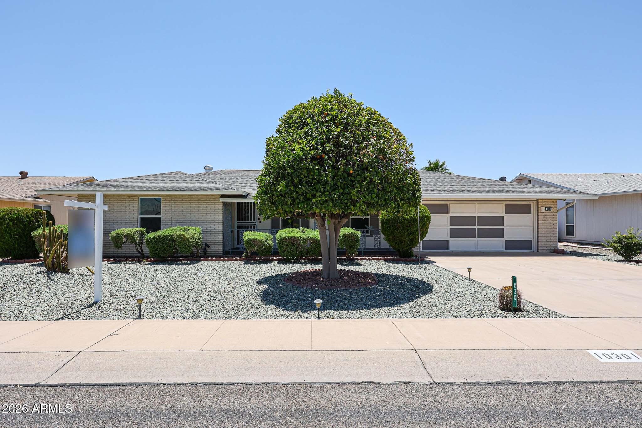 Perfect home for year-round living or snowbirding~! Updated roof, Updated HVAC, Updated vinyl dual paned windows and Extended length garage with sink and built-in workbench. Super curb appeal! Just right Coconino model ready for your personal touches, 2 Large Bedrooms and 2 Bathrooms, 1158 square feet. ADA toilets, Private back yard with a covered back patio & very nice variety of citrus trees including tangelo, grapefruit, navel oranges and AZ Sweet oranges. Plenty of storage here too. 50 gallon water heater has been regularly maintained. Great opportunity knocking!