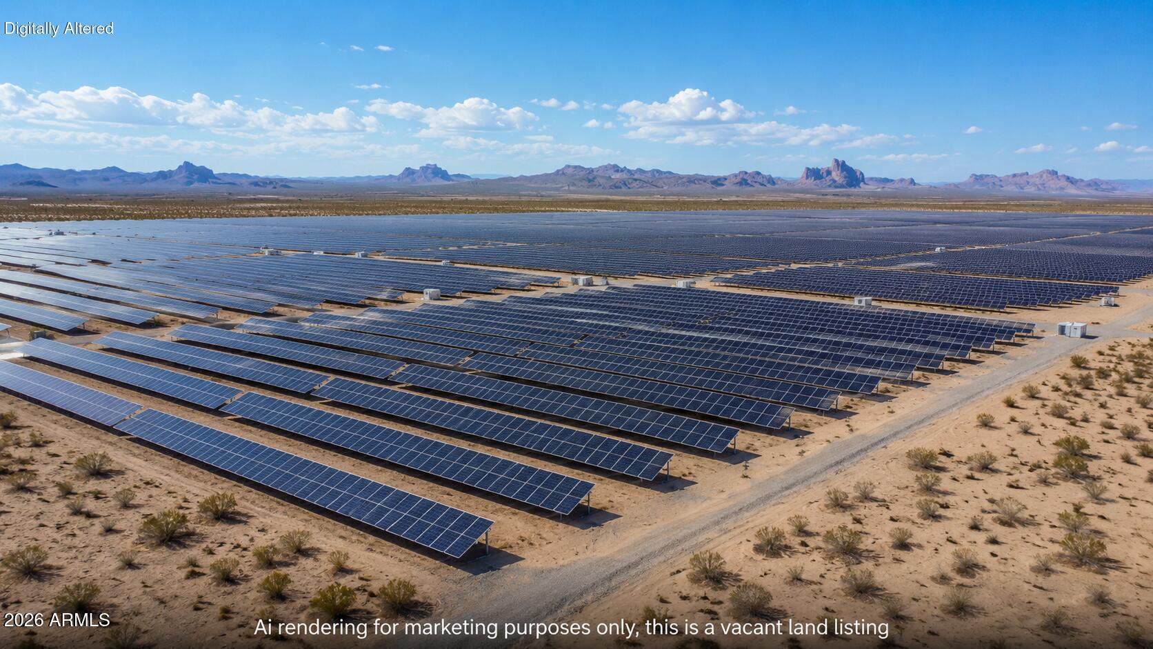 160 acres positioned in the path of Arizona's long-term energy and industrial growth corridor! Prime Harquahala Valley opportunity just south of I-10 with freeway visibility, legal access, and potential to split. Located near an existing solar farm, this flat usable land offers strong potential for solar energy, battery storage, industrial investment, future land banking, or large-scale development. As Arizona continues adding data centers, manufacturing, and power demand, strategic energy corridors like this are becoming increasingly valuable. RU-190 zoning, no flood zone, and surrounded by large acreage holdings. Rare chance to secure a major land position at under $4,400 per acre in rapidly expanding west Maricopa County. Investors and energy groups--this is the type of asset to control