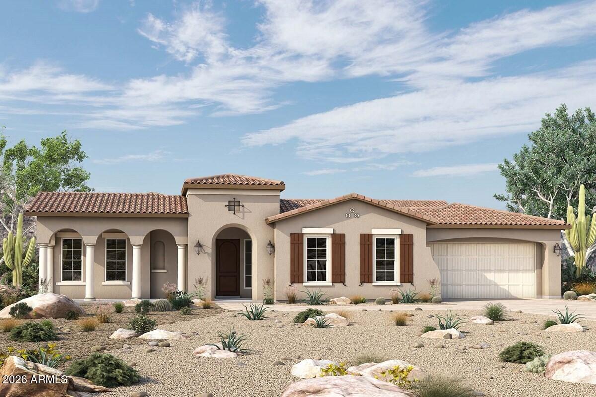 BRAND NEW single level home in amenity-rich 55+ community with White Tank Mtn views; Open plan with 3 beds, 3.5 bath. study, interior courtyard with gorgeous gas fireplace & 3-car garage; gourmet kitchen with white and warm gray cabinets, quartz tops and white tiled backsplash, accent lighting, large walk-in pantry, huge island with views out the 16' sliding glass door to the extended covered outdoor living area; spa-like owner's bath with soaking tub, floor to ceiling tiled shower shower complete w/2nd showerhead; upgraded tops and direct entry from huge walk-in closet to utility room; all beds are ensuite; tray ceiling at family, dining and family room; large 11,382 SF homesite; upgraded carpet, pad and plank tile throughout; 2x6 CONSTRUCTION AND EXTENSIVE NEW HOME WARRANTY.