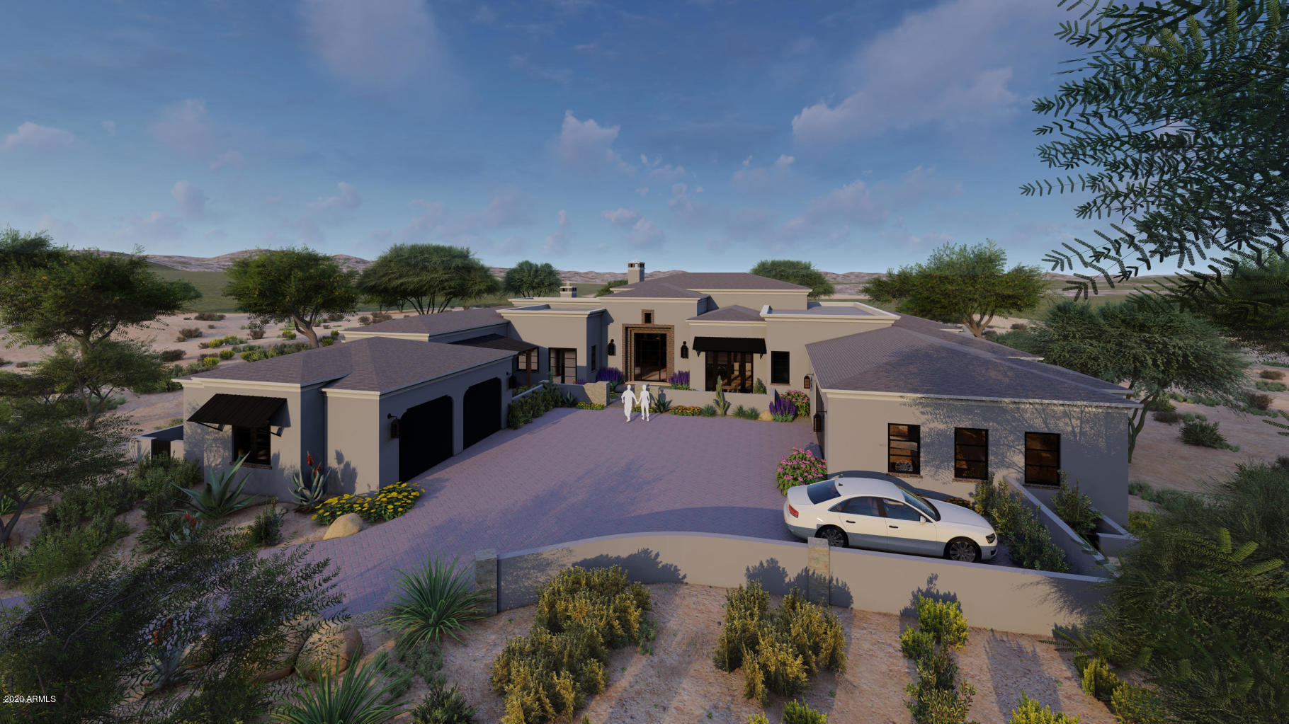 This Poetzl Architecture designed & Lineage Homes built masterpiece overlooks the 10th fairway of Mirabel. The back yard has SE exposure overlooking the fairway lake and surrounding views of sunsets, city lights, and the McDowell Mountains. This one-of-a-kind home is under construction with a projected completion in the summer of 2020. The flowing transitional floor plan showcases huge living areas, walls of retractable doors, and massive covered patios. A show stopping feature is the cantina bar with roll away windows on two sides invisibly blending the bar with the patio -- ideally designed for Arizona indoor/outdoor living at its finest. The interior finishes are of the highest quality from stone and wood flooring to ceilings with weathered wood beams imported from NW. The 6077 square foot residence features a spacious motor court leading to an oversized 4 car garage. The elegant interior of the main home features 4 bedrooms and 4.5 baths, and the guest casita has one bedroom, a bath and a living area with separate breakfast bar. The large luxury kitchen features top-of-the-line appliances including Wolf and Sub-Zero, oversized island, stone countertops, walk-in pantry, and eating area. A large formal dining area includes a full wet bar and walk-in glass wine room. The spacious great room has a large stacked stone fireplace and 20' retractable window wall to the patio. The oversized master features a coffee bar and refrigerator, stacked limestone fireplace, luxurious bath and huge walk-in closet with island, built-in cabinetry, and washer and dryer. Bi-fold doors in the master open up to the patio overlooking forever views. There are three additional bedroom suites (one easily converted to an office), a powder room, and large laundry room. Huge outdoor living area includes patio access to cantina bar, outdoor kitchen, pool, spa, fireplace, and fire pit.