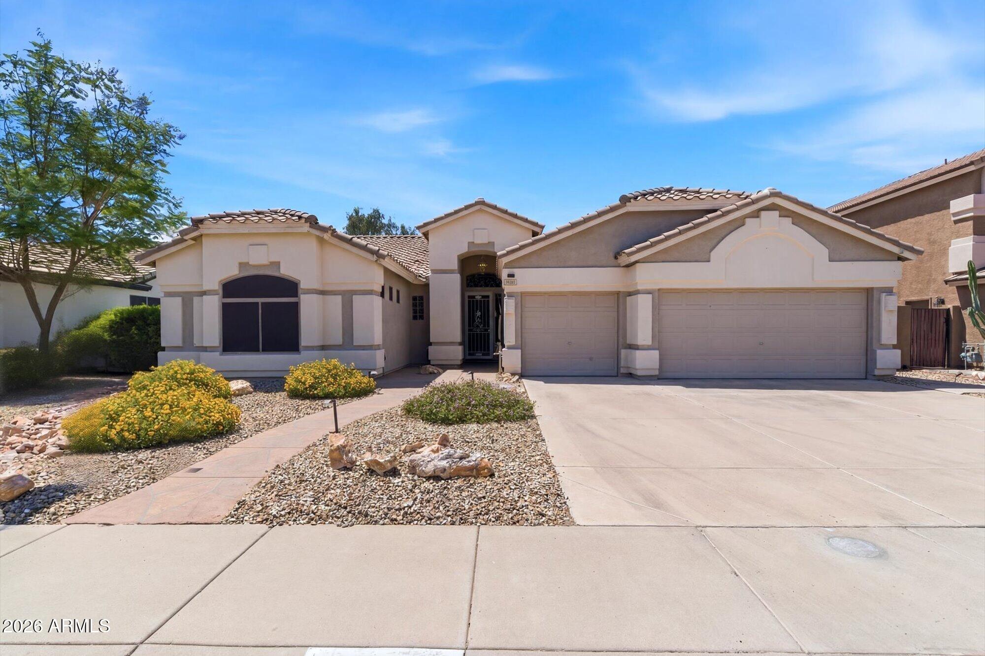 Very nice Arrowhead Ranch home on the greenbelt. Large single level home with split floor plan. 3 bedrooms, 2 baths plus Den with 2,443 square feet!  Lovely open floor plan with vaulted ceilings, family room with gas fireplace and an amazing kitchen where you will find beautiful cabinetry, quartz counter tops and a kitchen island.  Primary suite features a bay window and en suite with dual vanities, soaking tub and walk in shower.  Great outdoor space with a large covered patio, nice pool and mature landscaping. Several improvements including  roof replacement (2020), H2 Water system (2022), Gas water heater (2025), quartz counter tops (2019), Ceramic Tile (2019), Spool (2025) Pebble Tek, New interior paint (2026) This is a terrific home!!