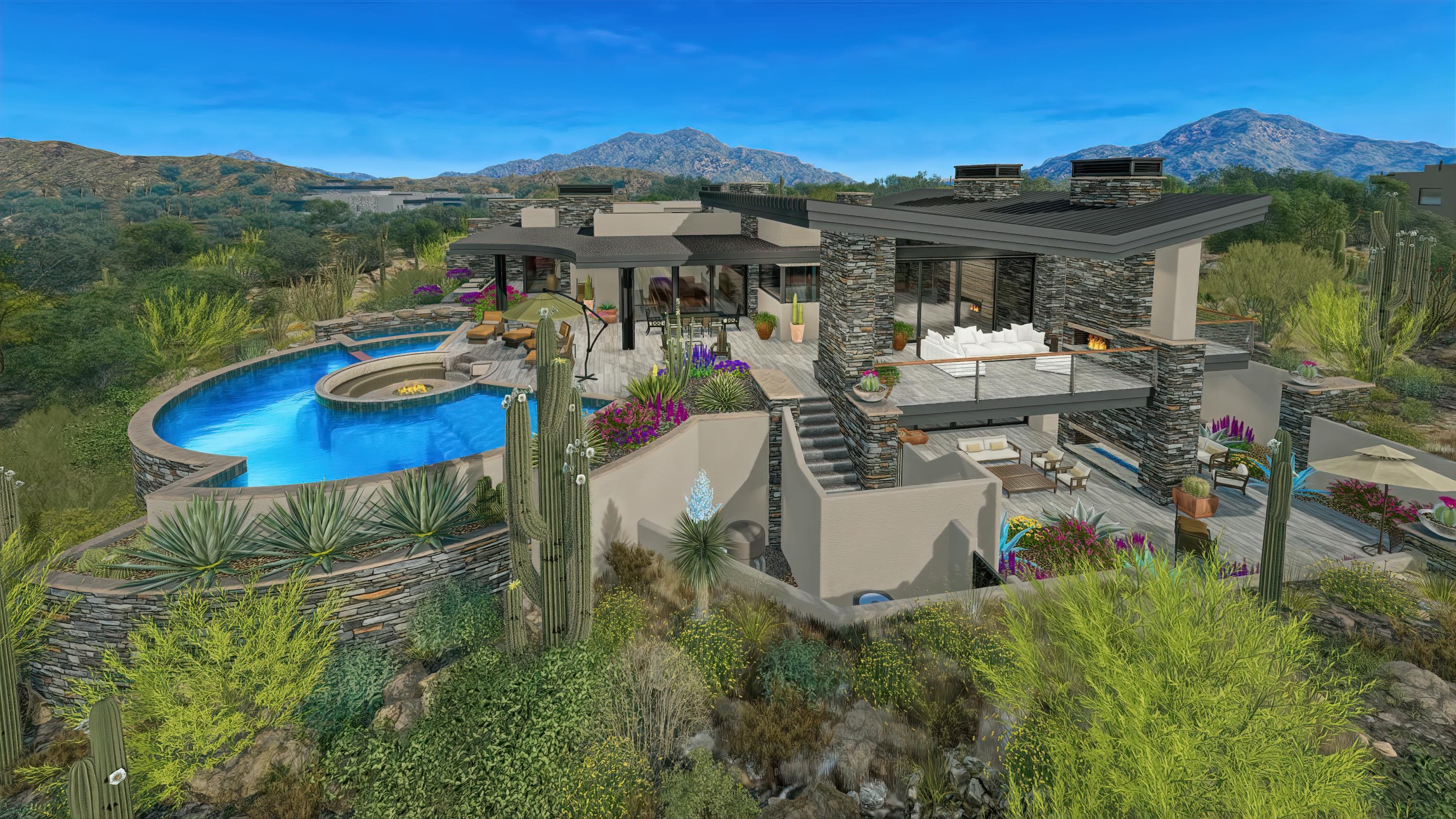 A spectacular custom home in the heart of Desert Mountain's Painted Sky Village on lot 26.   ALREADY THROUGH PRELIMINARY DM design review which means this build can commence in just 2 to 3 months.  The collaborative team of Black Stone Custom Homes and Graffin Design have designed and built over 3 dozen homes in Desert Mountain alone in the past decade.  Capturing city lights, valley, golf course, sunset and Apache Peak views in this exquisite 5,700 sf soft contemporary with over 2,562 sf of covered patio space designed to enjoy the magnificent views and indoor/outdoor living Scottsdale is famous for.  A one of a kind, resort style circular pool surrounds a spectacular entertainer's fire pit and spacious cocktail lounge.  Includes  gourmet wolf/sub zero kitchen and more... opens to expansive dining, great room and lounge spaces.  Featuring an additional office, a large game/flex room, dining room, an elevator, a special bar and lounge and 6 fireplaces throughout, this 4 bedroom 4 1/2 bath, 5 car garage home has everything anyone could possibly want.  This home will feature the latest smart home technology from Crestron.  PRE-CONSTRUCTION PRICING only.  Once construction begins the price will increase.  All interior selections can still be chosen with our interior design team.