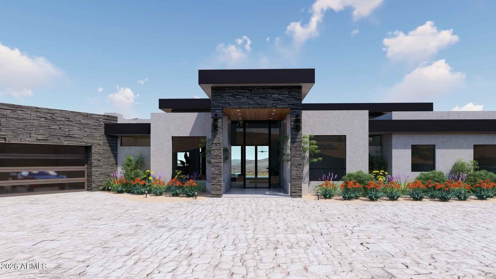 PROJECT FIRE HORSE by FH Homes & June Eight Studio Interior Design | Architect: PF Design Group. Currently under construction in the guard-gated Eagles Nest community, this 4 bed + office, single-level hillside estate is unlike anything in the neighborhood. Positioned on a premium Grey Owl Trail lot with ideal east/northeast rear exposure, the home captures soft morning light and sweeping desert and mountain views. Designed with elevated finishes and expansive glass, including a great room with a full-width pocket door, the home creates a seamless connection between indoor living and the surrounding landscape. Split floor plan with main living and primary suite separated from a private guest wing.The split floor plan places the kitchen, dining, and great room alongside the primary suite in the main living wing, while a separate guest wing is anchored by the Fire horse Saloon--a signature entertaining space featuring a custom bar and oversized sliding glass doors that open directly to the outdoor areas for effortless indoor-outdoor flow. A dedicated office just off the front entry features a closet for storage and offers flexibility to be converted into an additional bedroom if desired. All guest bedrooms are ensuite, with one guest suite offering a private entrance and dedicated parking pad.The chef's kitchen features a show kitchen plus dry kitchen, a large lift-up pass-through window to the outdoor kitchen, and a temperature-controlled wine room.
The primary suite offers a private retreat with corner sliding glass walls that fully open to the backyard, a coffee bar, generous walk-in closet, and spa-style bath with a private outdoor shower and fireplace, plus an in-suite washer and dryer.
The resort-style backyard showcases an infinity-edge and zero-edge pool with Baja shelf, spa, fire features, covered lounge areas with built-in heaters and misting system, and an outdoor kitchen with pizza oven--all positioned to take in the home's expansive views.
An 8-car garage with capacity for up to 16 vehicles with lifts is designed with flexibility, including potential conversion into an indoor pickleball court. Additional features include a Control4 smart home system, Halo 5 whole-home water filtration, RO system, and pet wash station. Located in one of Fountain Hills' most desirable communities with close proximity to parks, events, and dining.