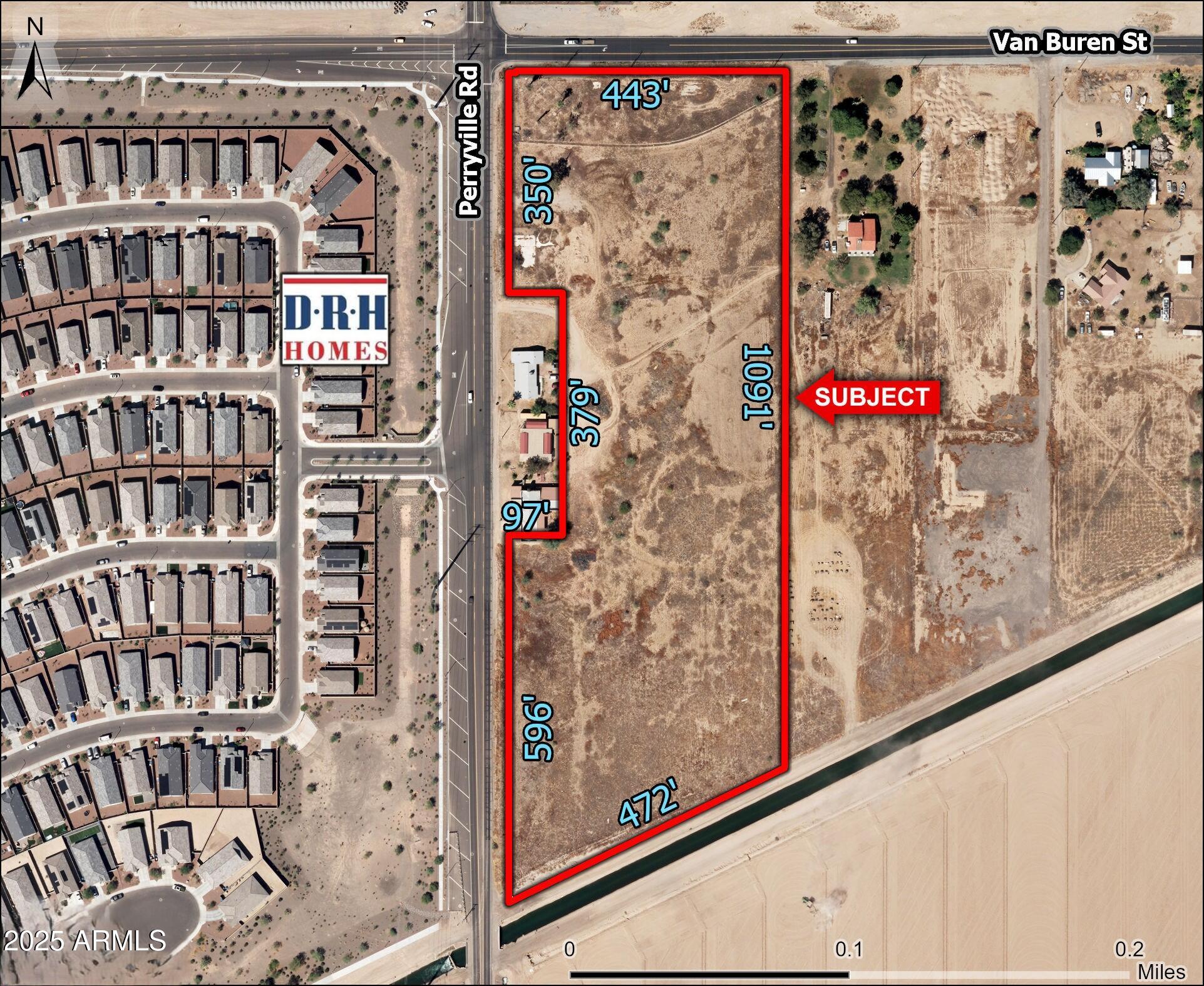 Rare opportunity for an 11 acre section corner 3/4 of a mile South of the Perryville road I-10 off ramp. Less than 1 mile to the north of the subject there have been 2.2 million square feet of industrial buildings developed since 2024. Within 2 miles to the south there have been 2800 platted/ finished residential lots and houses constructed/ occupied since 2022.
Dimensions:479' on Van Buren
St and 973' on Perryville Rd
Water---Will serve from Arizona
Water Company
-Domestic well shared with 2
adjoining homeowners.
Sewer- Pending development of
the industrial park at the NEC of
Perryville and Van Buren there will
be sewer at the intersection of
Citrus and Van Buren
approximately one mile east of the subject.
The subject is positioned  for exceptional zoning flexibility in addition to development potential.  Deep labor pool 1.5 million people within a 30 minute drive. " With a Medium household income of $97,000 4.1% population growth rate since 2022 the Goodyear area is the 2nd fastest growing of the 10 largest cities in Arizona