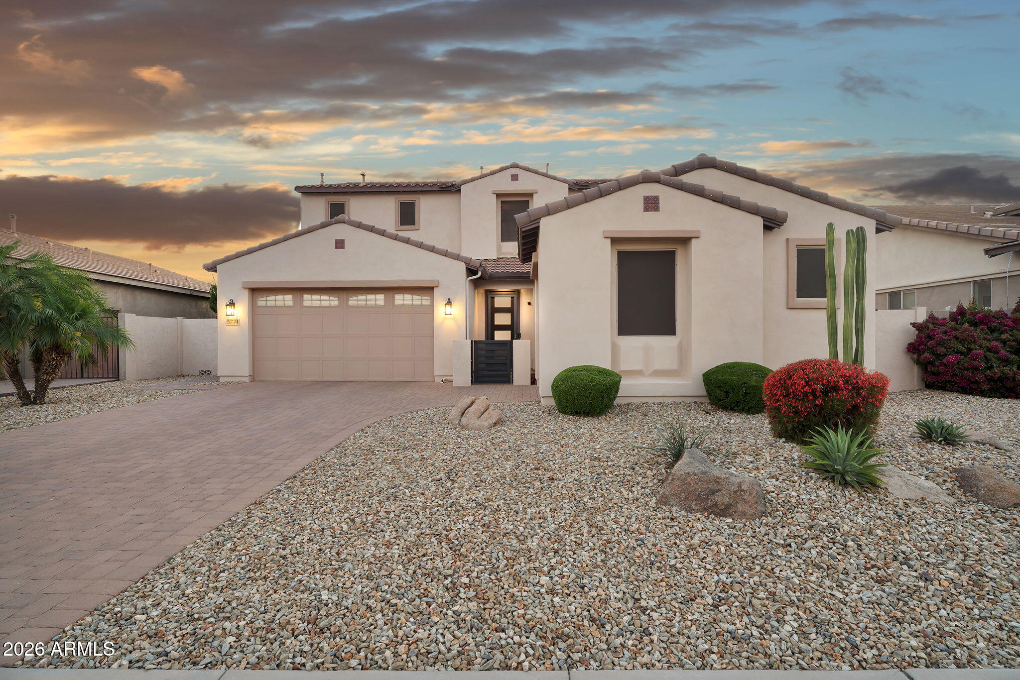 Welcome to Marbella Vineyards! Featuring 3,300 square feet, and an oversized lot with privacy, this thoughtfully designed floor plan features 4 beds/3.5 baths, including one downstairs guest suite, & flex space, upstairs loft, & 3-car garage. The bright, open-concept layout centers around a large kitchen with granite countertops and seamless flow into the living spaces. Dual sliding glass doors create effortless indoor-outdoor living, leading to a private backyard retreat with a sparkling pool, solar heat, swim jets, and no direct neighbors behind. See docs tab for complete list of updates! Moments from Gilbert Regional Park, enjoy easy access to miles of trails, pickleball courts, lakes, playgrounds, and year-round community events. Shopping, dining, top rated schools make this a must see