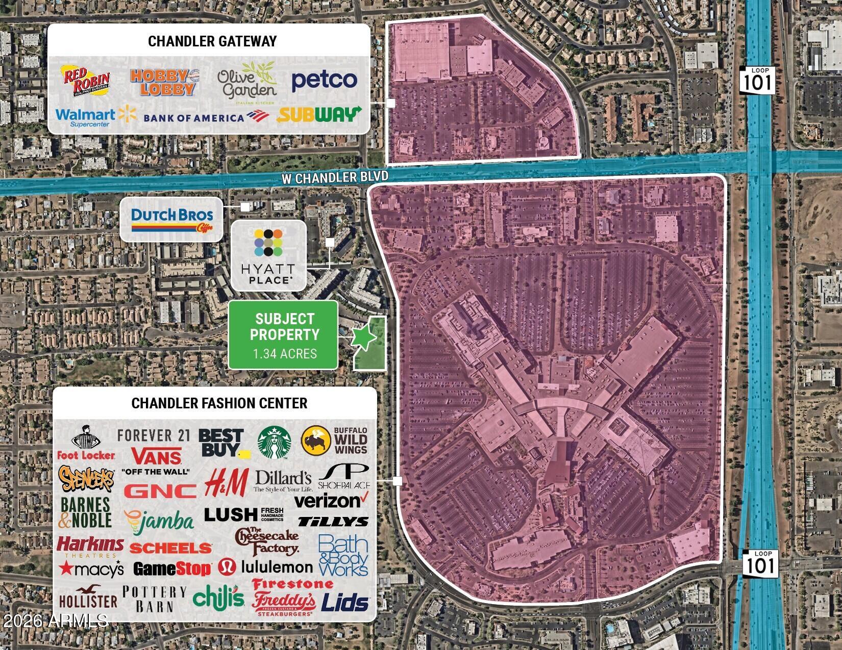 +/- 1.34 acres of vacant land situated on the west side S. Chandler Village Dr, Chandler, Arizona 85266.
The property is located in a mature area of Chandler and the last remaining
vacant parcel within the Chandler Fashion Center Mall. The property is to the immediate west of the Chandler Fashion Center Mall and surrounded by a mix of commercial uses such as Element Hotel, Hyatt Place, Town Place Suites by Marriott, restaurants, banks, national retailers as well as the Met at Fashion Center and Riata multifamily communities and single
family homes to the immediate south of the site. The parcel has +/- 340 ft of frontage on S. Chandler Village Dr, level
topography and 2 access points from S. Chandler Village Dr. The sidewalk,
curb, gutter and drainage retention area are already in plac