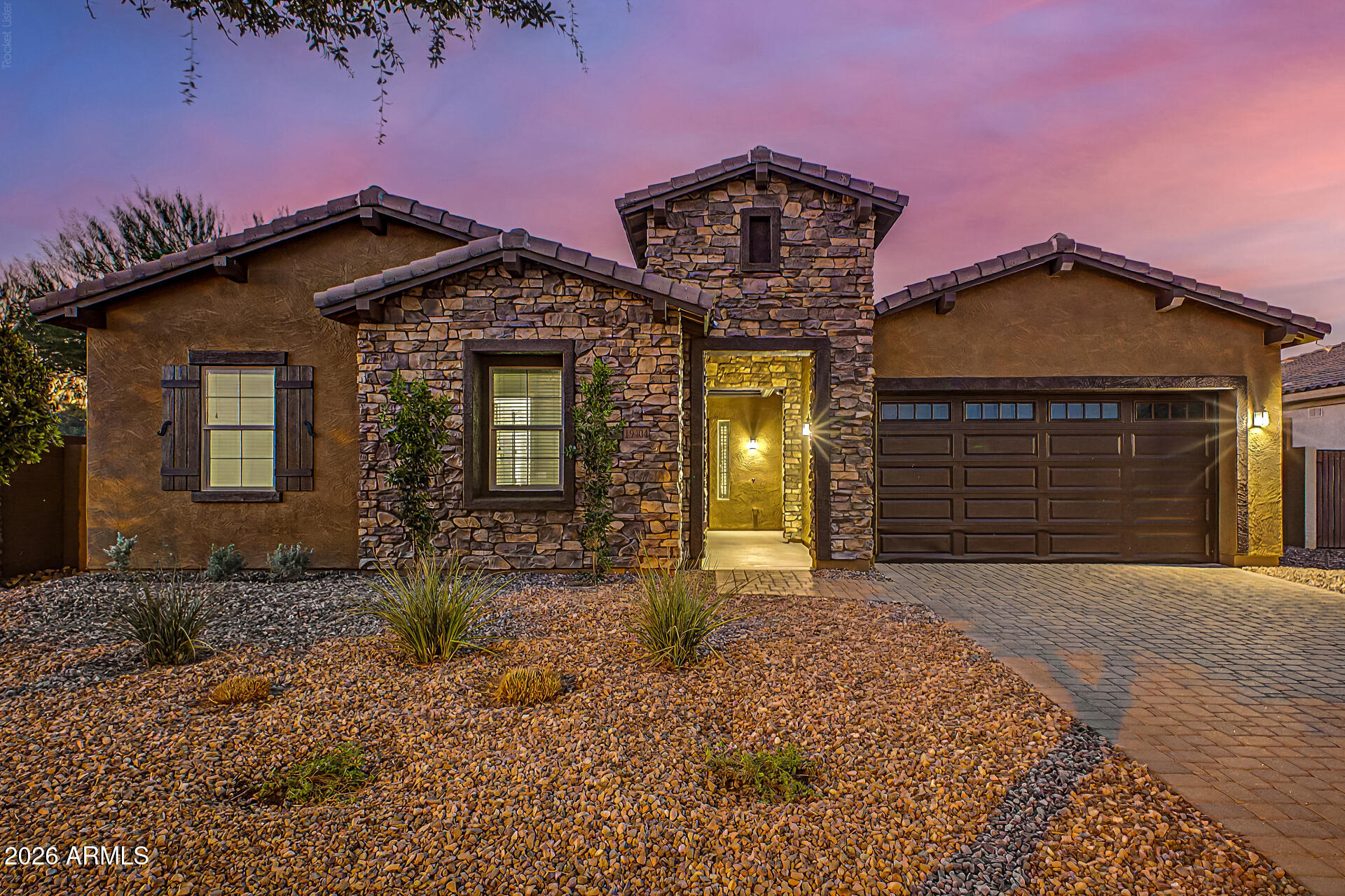 Beautiful 4-bedroom, 2.5-bath home with an open den, featuring a welcoming courtyard entrance and exceptional indoor/outdoor living. The gourmet kitchen offers double ovens, stainless steel appliances, tile backsplash, and ample cabinet space. The spacious primary bath and secondary bathrooms feature stylish finishes. Enjoy your private backyard with a heated saltwater pool, attached spa, water features, three fire features, and travertine pavers. Additional highlights include 10-foot ceilings, 8-foot solid-core doors, plank tile flooring throughout (except bedrooms), blinds and shutters, water softener, 3-car tandem garage, 8-foot RV gate, and a paver driveway.
