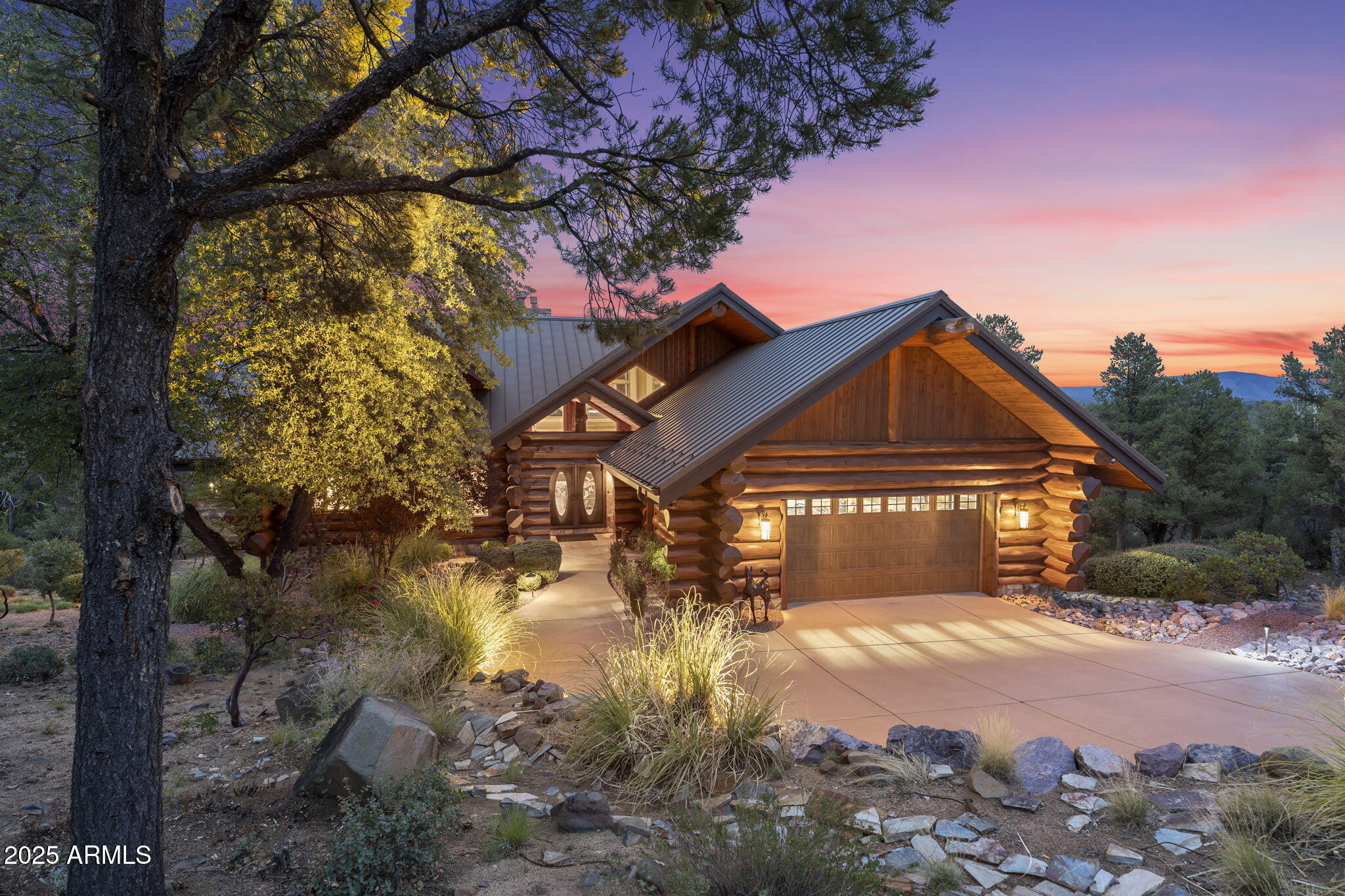 Welcome to one of Payson's most remarkable mountain homes -- a masterfully designed log cabin estate situated along the 4th hole of the prestigious Chaparral Pines Golf Club. This exceptional property captures the essence of refined rustic living, where traditional craftsmanship meets elevated design, all set against the panoramic beauty of Arizona's Mogollon Rim. With its classic log cabin exterior, the home embraces the timeless appeal of mountain architecture while offering a fully upgraded interior curated for modern living. Inside, soaring 32-foot ceilings with exposed timber beams create a dramatic sense of space, while expansive windows frame breathtaking views of the manicured fairway and the surrounding high country landscape.