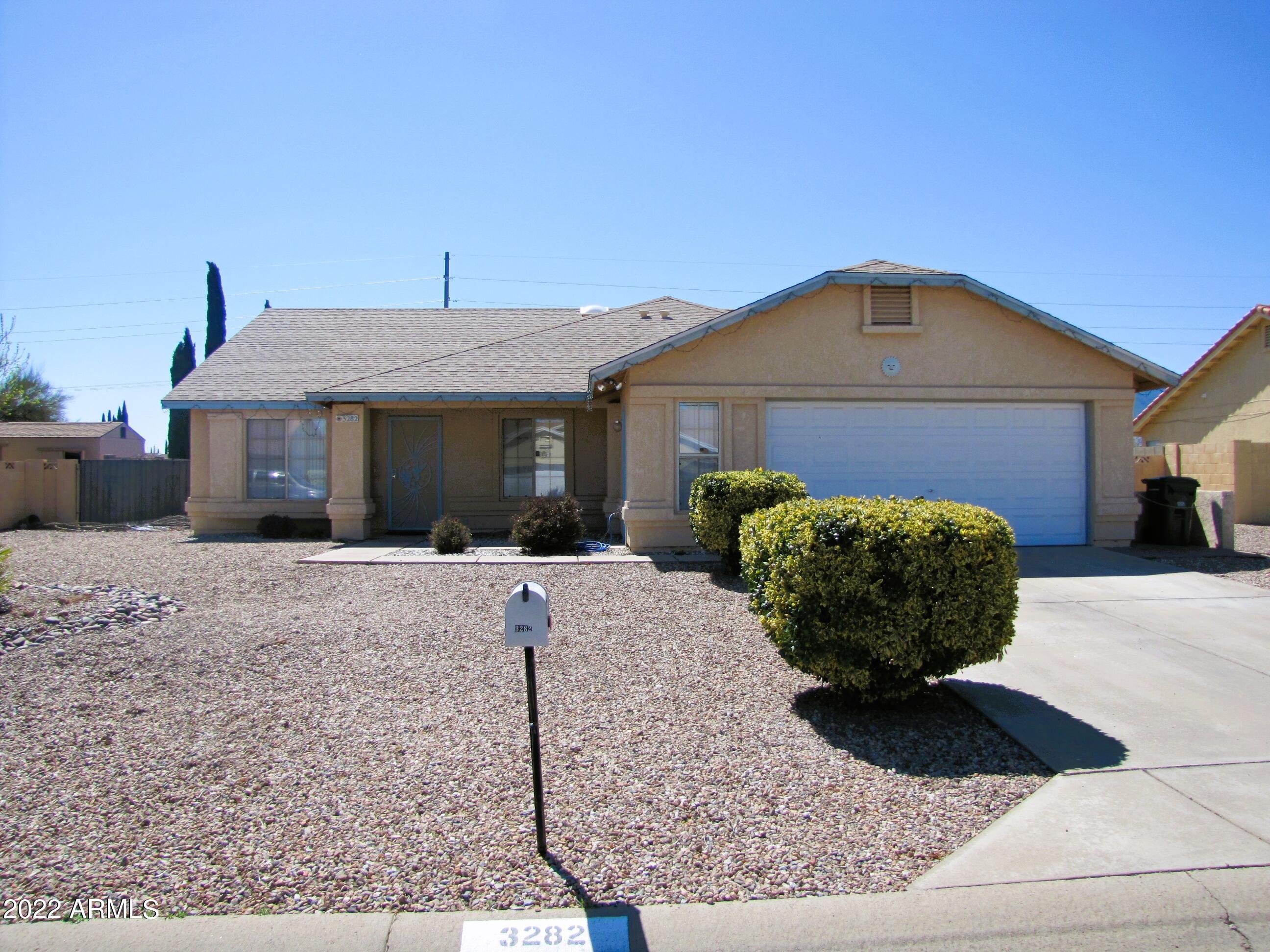 This well-maintained 4BR/2BA/2CG, 1957 sq. ft. home on .324 acre is centrally located in Sierra Vista, AZ minutes from Ft. Huachuca, schools shopping & Canyon Vista Medical Center.  The open floor plan includes two living areas, upgraded light fixtures and ceiling fans, S/S appliances, vaulted ceilings & central A/C.  The yards are fully landscaped view views of the Huachuca mountains, a storage shed and a grass lawn in the backyard.  Call today.