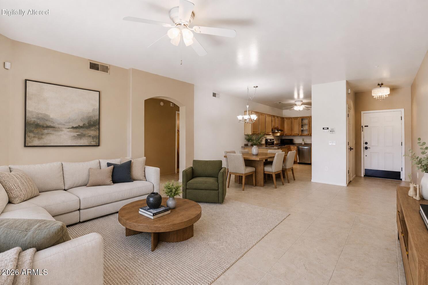 This well-kept, 7 unit, gated condo complex boasts a sparkling courtyard community pool & lovely landscaping. Walk to the Fountain, dining & shopping. Immaculate ground floor end unit with 1 car garage+ample off-street parking for 2nd cars & guests. No steps-nicely updated w designer touches & neutral colors. Spacious kit w stainless appliances, new fridge in 2023, (portable microwave), RO & lots of counter space. Open floor plan with beautiful 18'' tile thruout & on patio. Energy efficient window coverings. Master suite has a walk-in closet + a wall of closet shelving & an exit to patio. Updated lighting & faucets. Garage with custom cabinets is the 1st one left of entry gate, New water heater & water softener in 2024. New W/D in 2023. 1 year minimum on rentals. 2 pet max w 30 lb max e