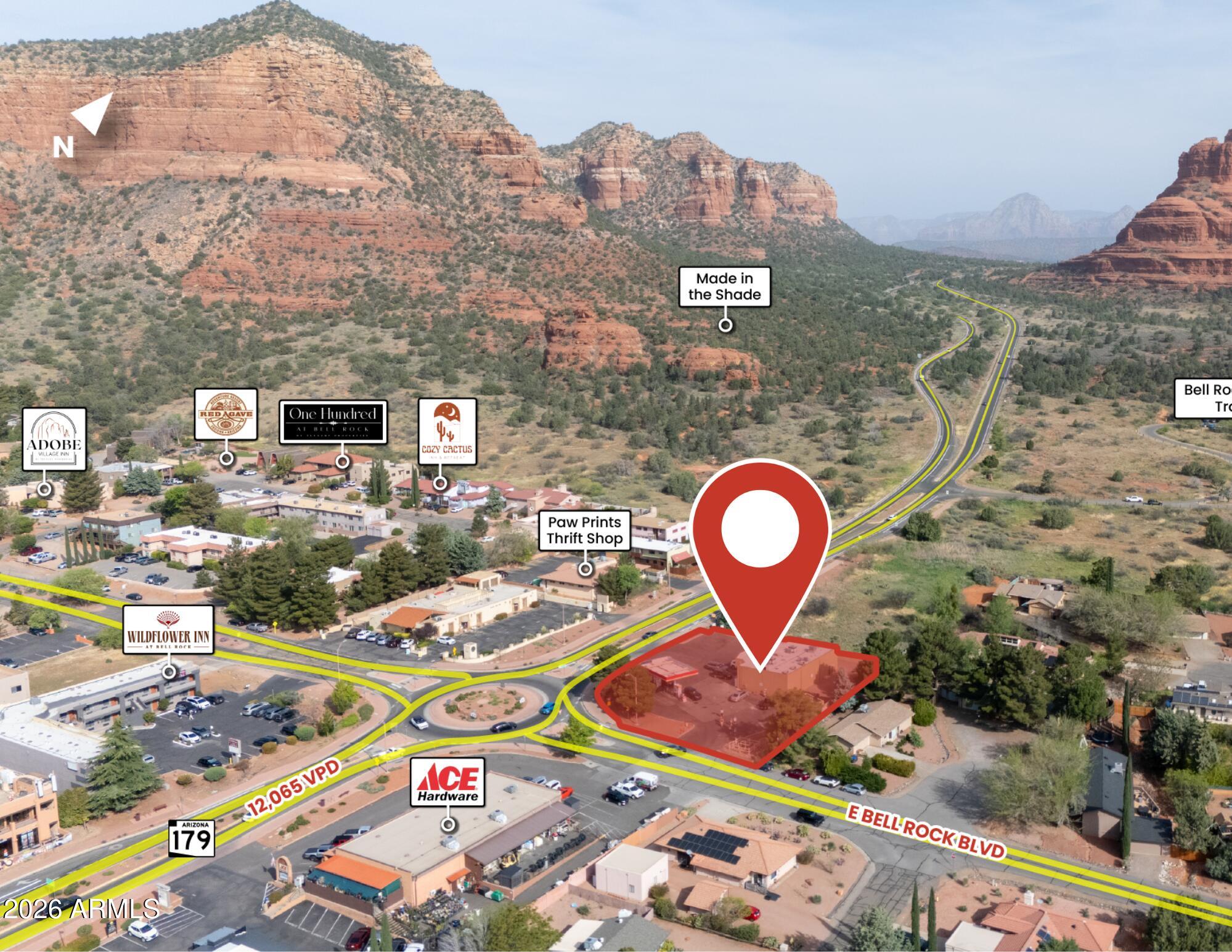 The subject property is a ±2,807 square foot convenience store and gas station situated on ±0.51 acres along State Route 179 in Sedona, Arizona, within the highly desirable Village of Oak Creek submarket. Positioned at a prominent
roundabout along one of Sedona's primary thoroughfares, the property benefits from consistent vehicular traffic and strong visibility driven by both local commuters and tourism to the nearby Red Rock attractions.