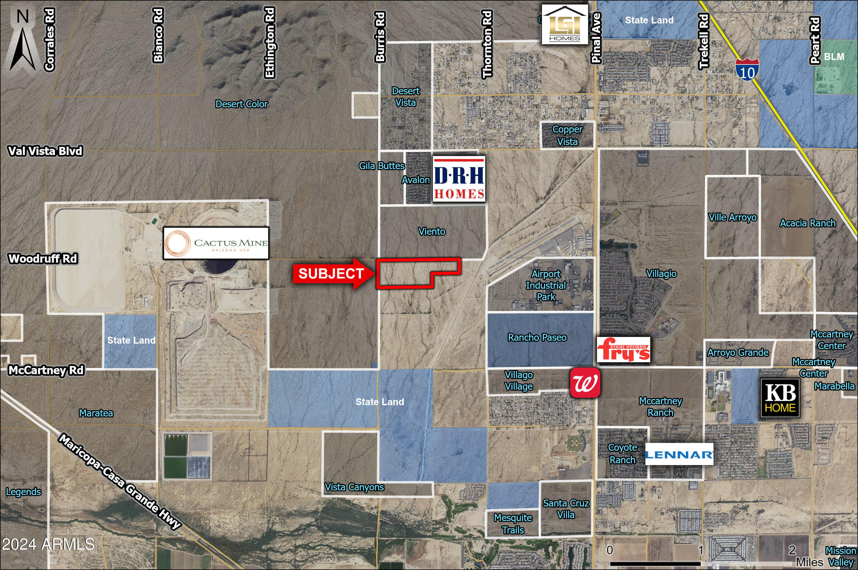 Property is located along Burris Road just west of the Casa Grande Municipal Airport.  General plan allows for a variety of uses, from Multi-family to Office and Manufacturing.  Excellent investment or 1031 exchange.